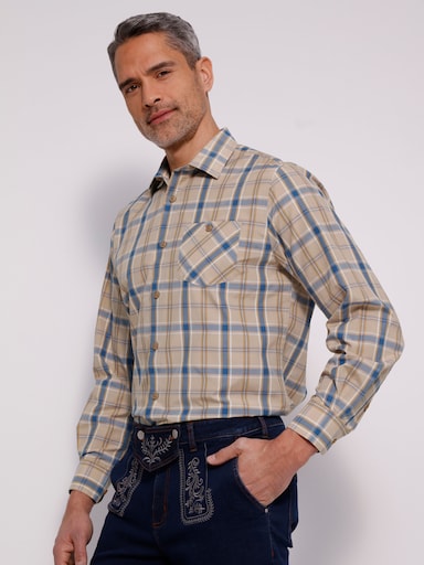 Karohemd in Baumwoll-Mischung - beige-jeansblau-kariert