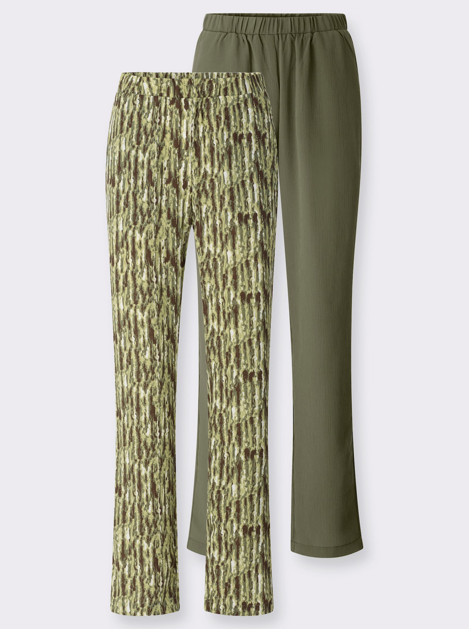 Comfortbroek met wijde pijpen - kaki + kaki/ecru bedrukt