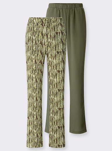 Comfortbroek met wijde pijpen - kaki + kaki/ecru bedrukt