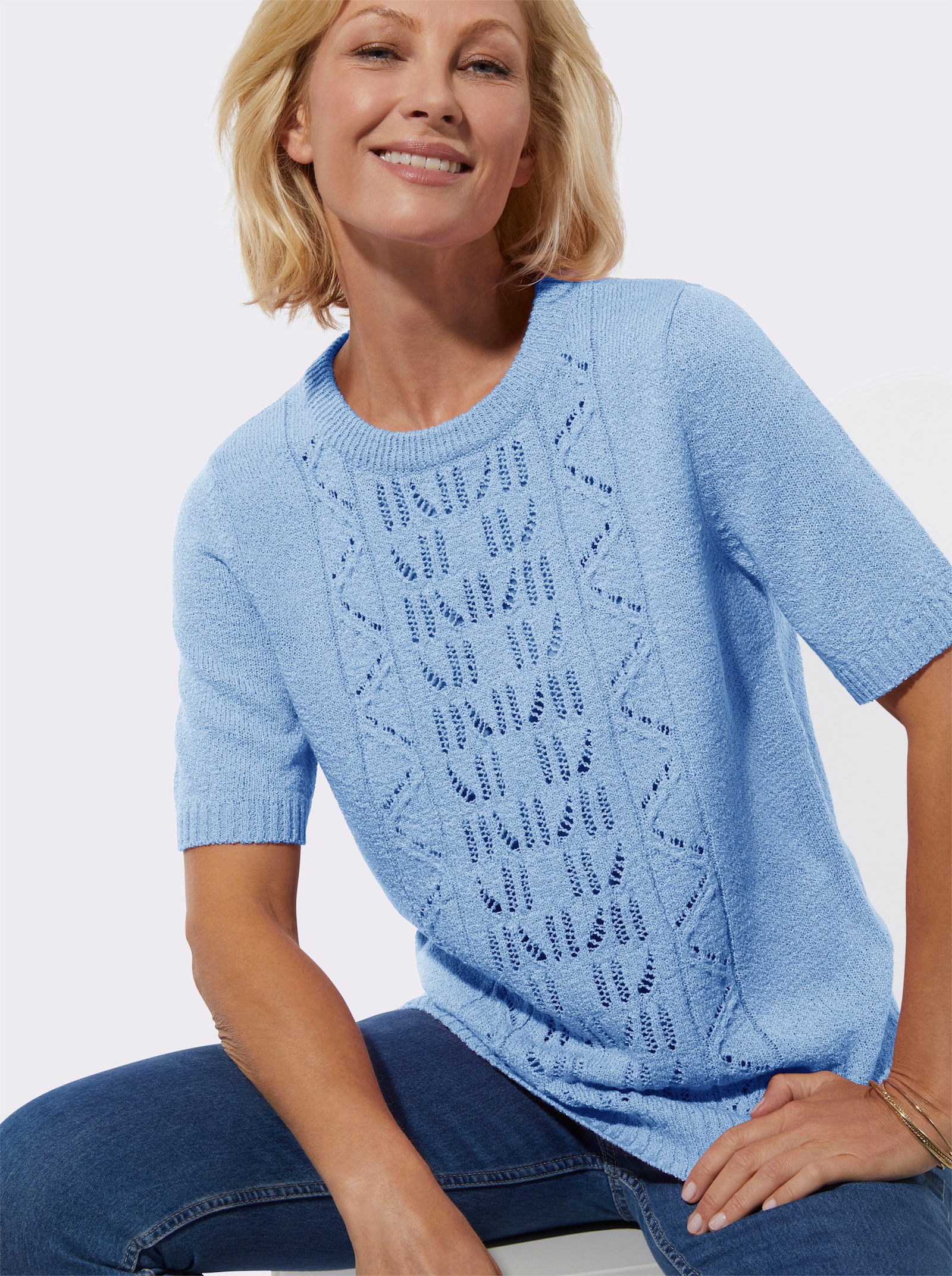 Ajourpullover in Bouclé-Qualität - himmelblau