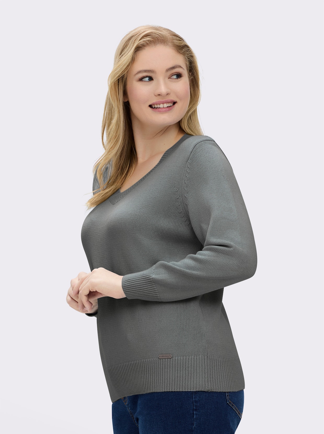 V-Ausschnitt-Pullover mit Baumwolle - grau-meliert