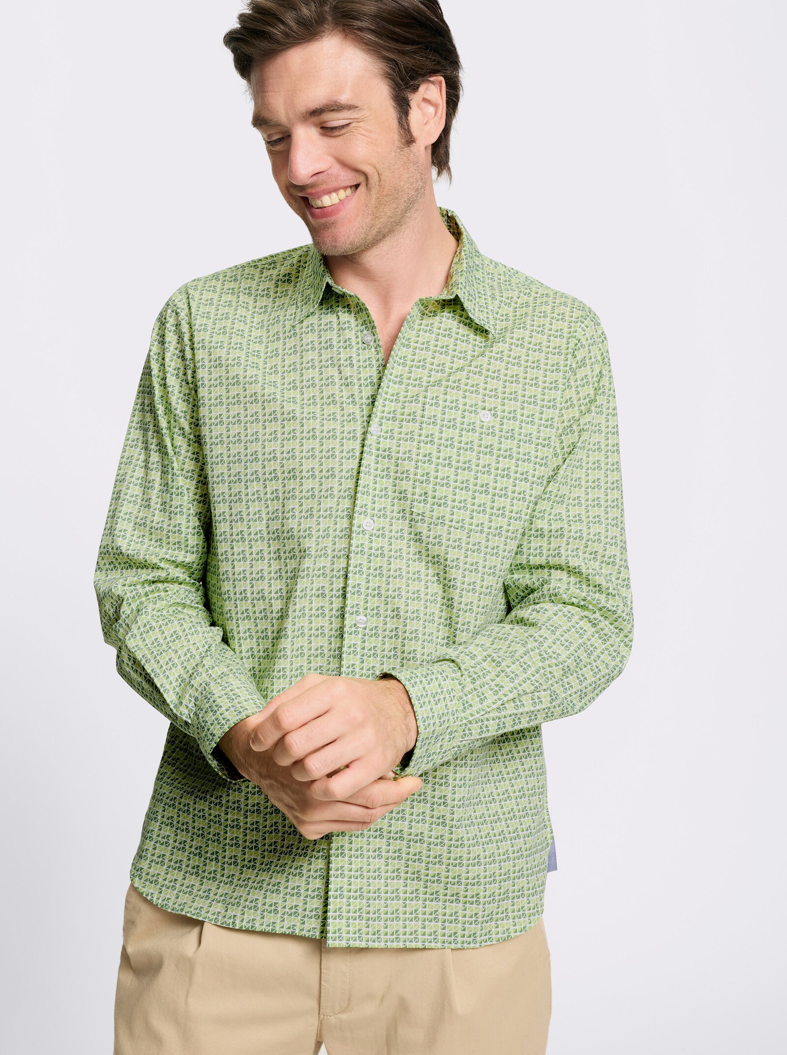 Marco Donati Langarmhemd mit Kentkragen, Baumwolle - eucalyptus-gemustert