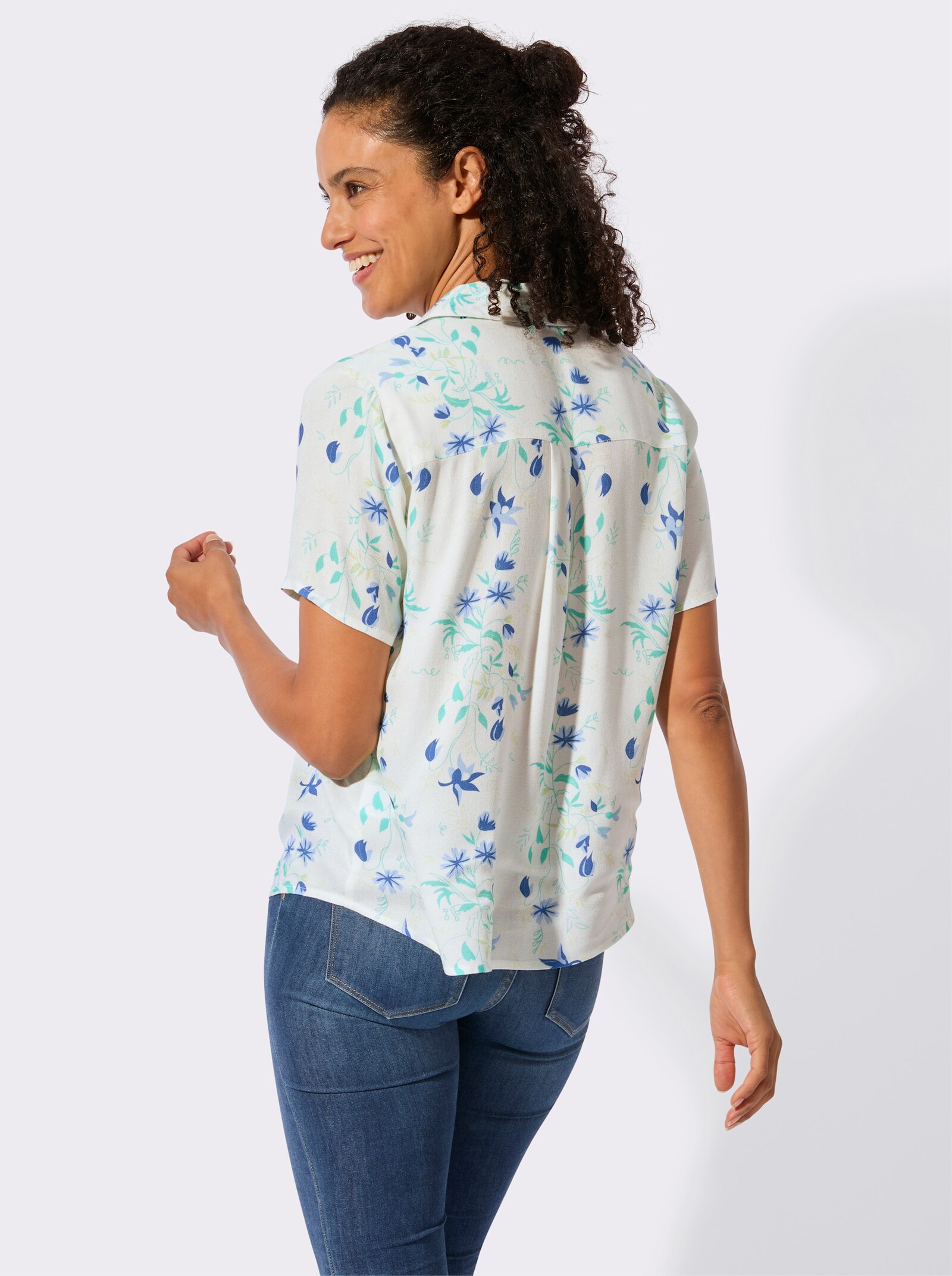 Hemdbluse aus reiner Viskose - ecru-blaugrün-bedruckt