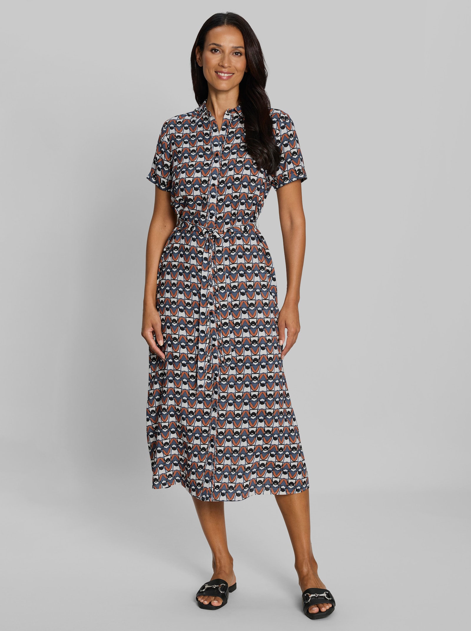 heine Hemdblusenkleid mit Stoffgürtel - taubenblau-ecru-bedruckt