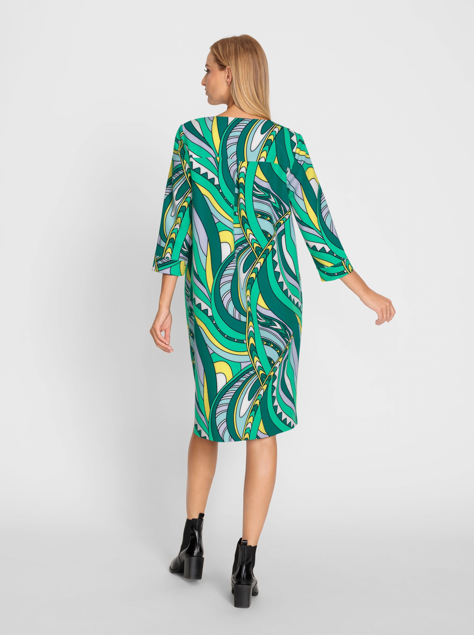 heine Webkleid mit Nahttaschen - grasgrün-champagner-bedruckt