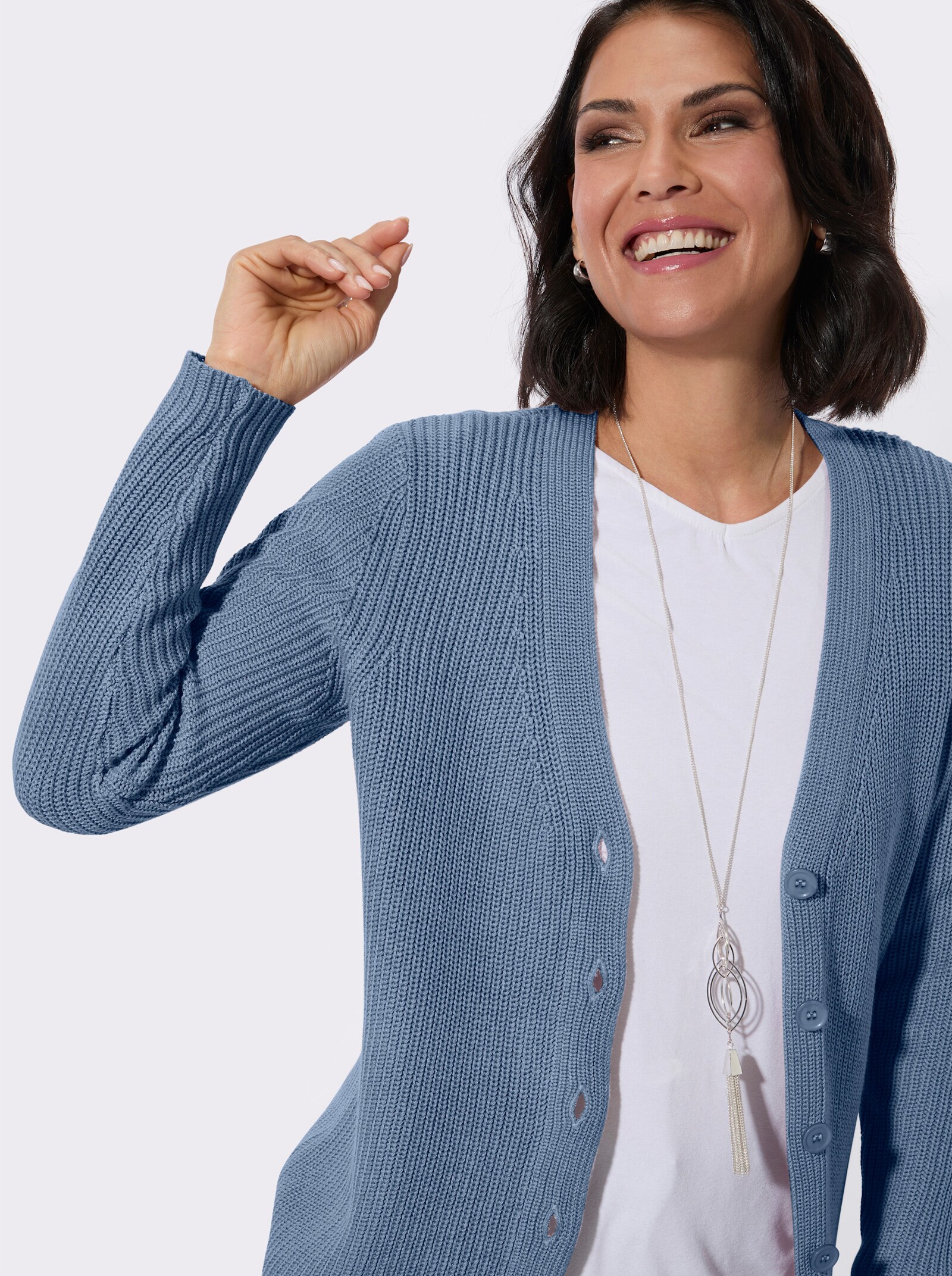 Longstrickjacke mit feiner Rippstruktur - bleu