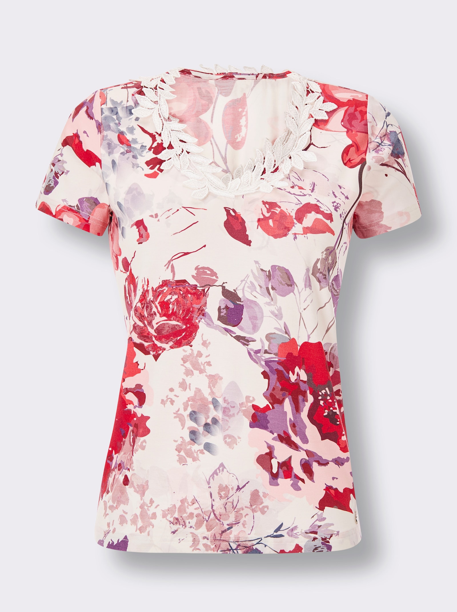 CREATION L PREMIUM V-Shirt mit Spitzenband am Ausschnitt - weiß-erdbeere-bedruckt