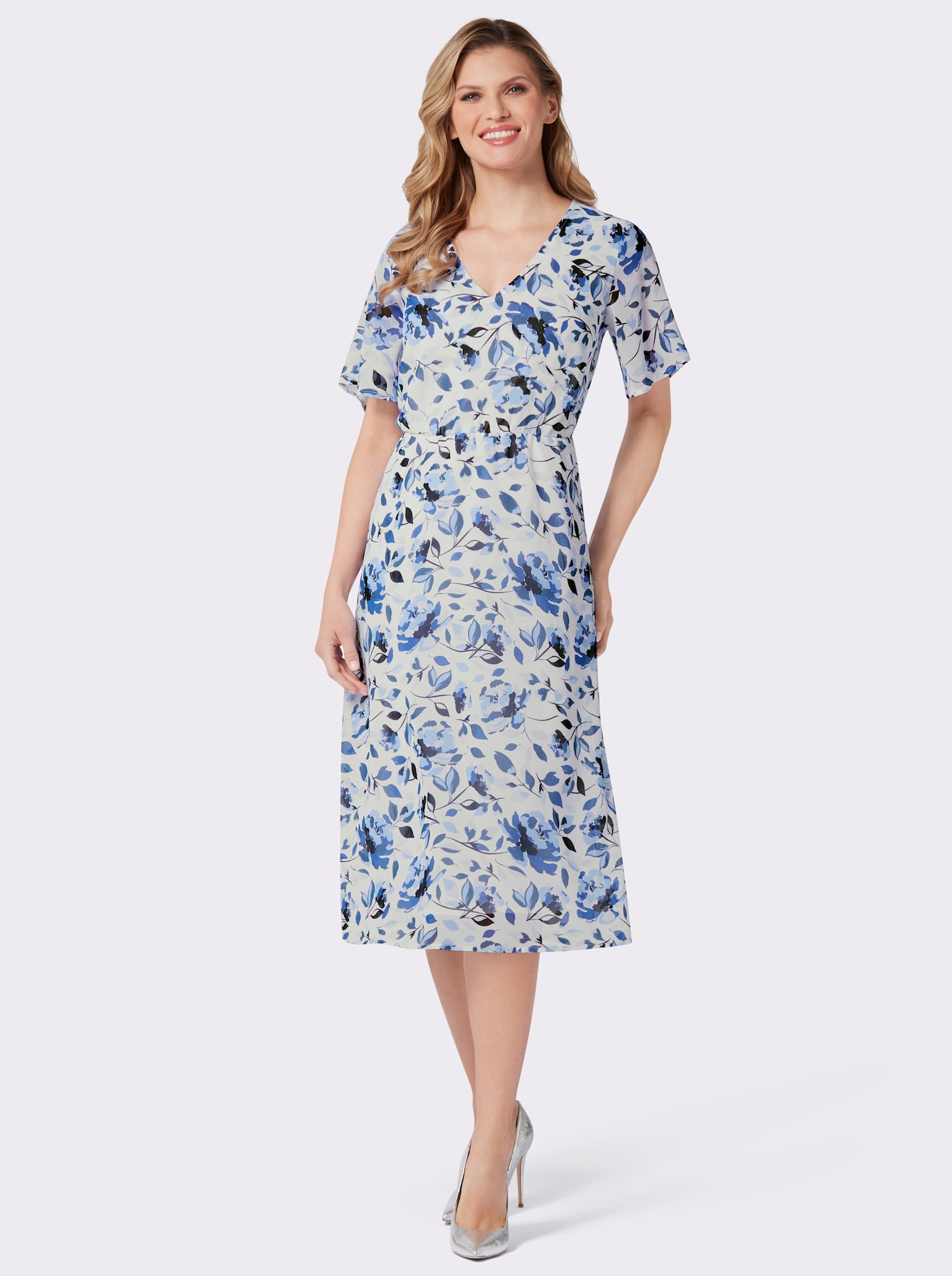 Šaty s květinovým vzorem asymetrického vzhledu - bílá-námořnická modrá-potisk