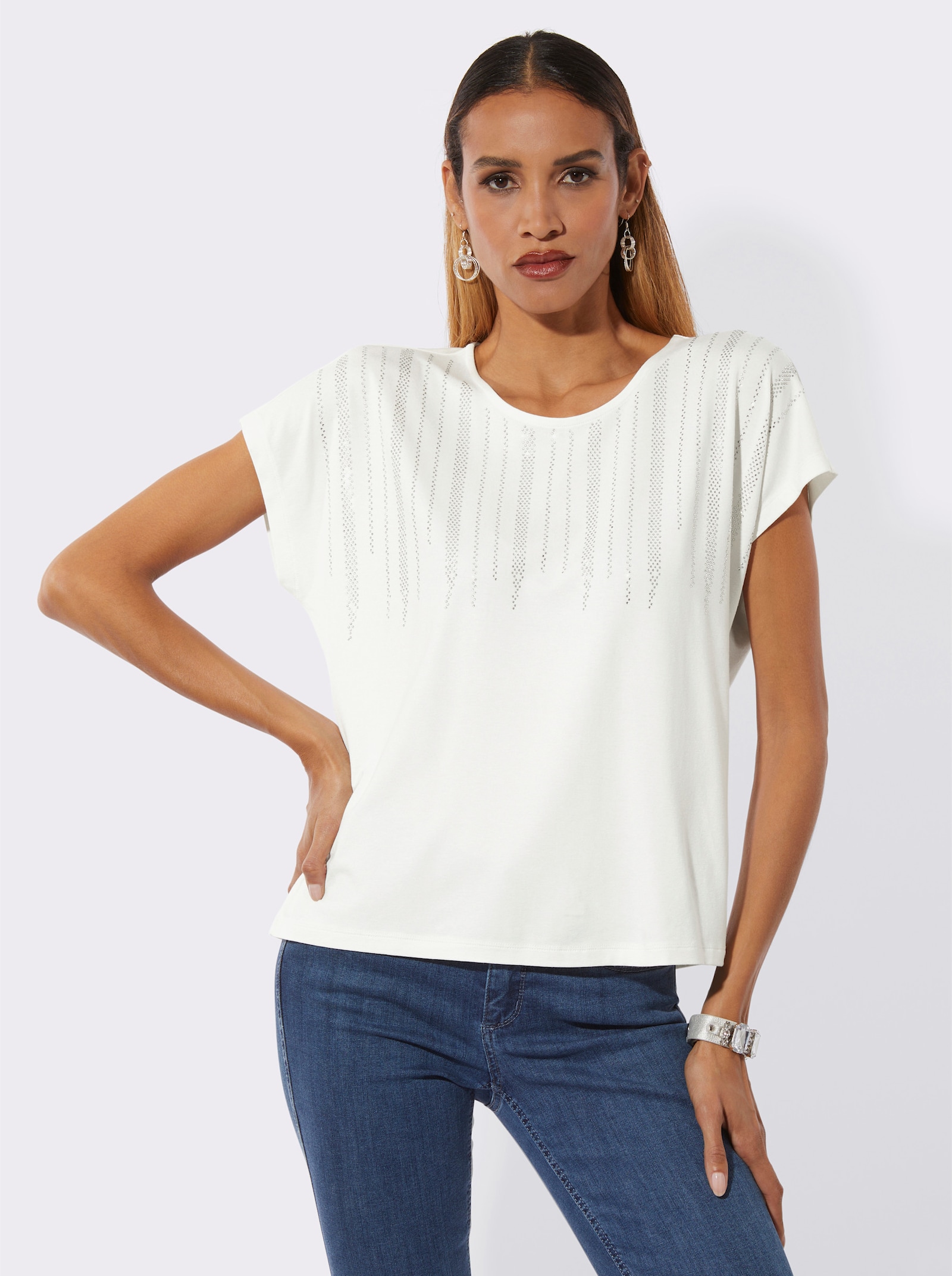 Kurzarmshirt mit Ziersteinchen - ecru