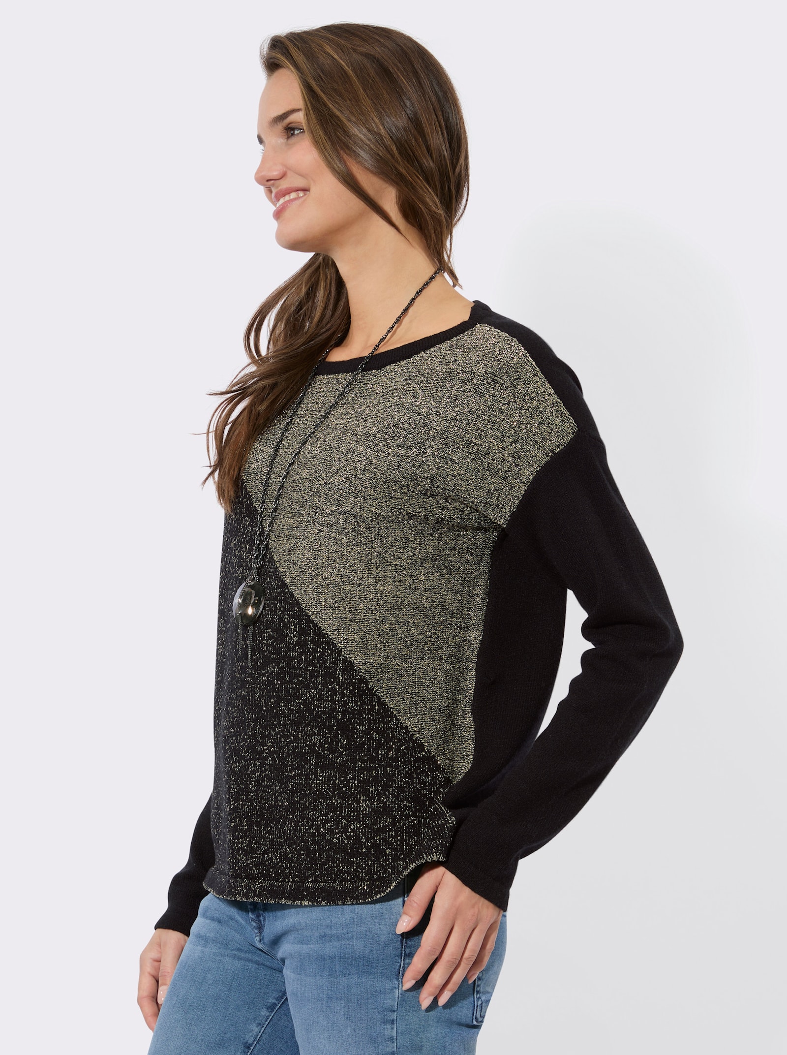 Rundhalspullover in Melange-Optik - schwarz-metallicfarben