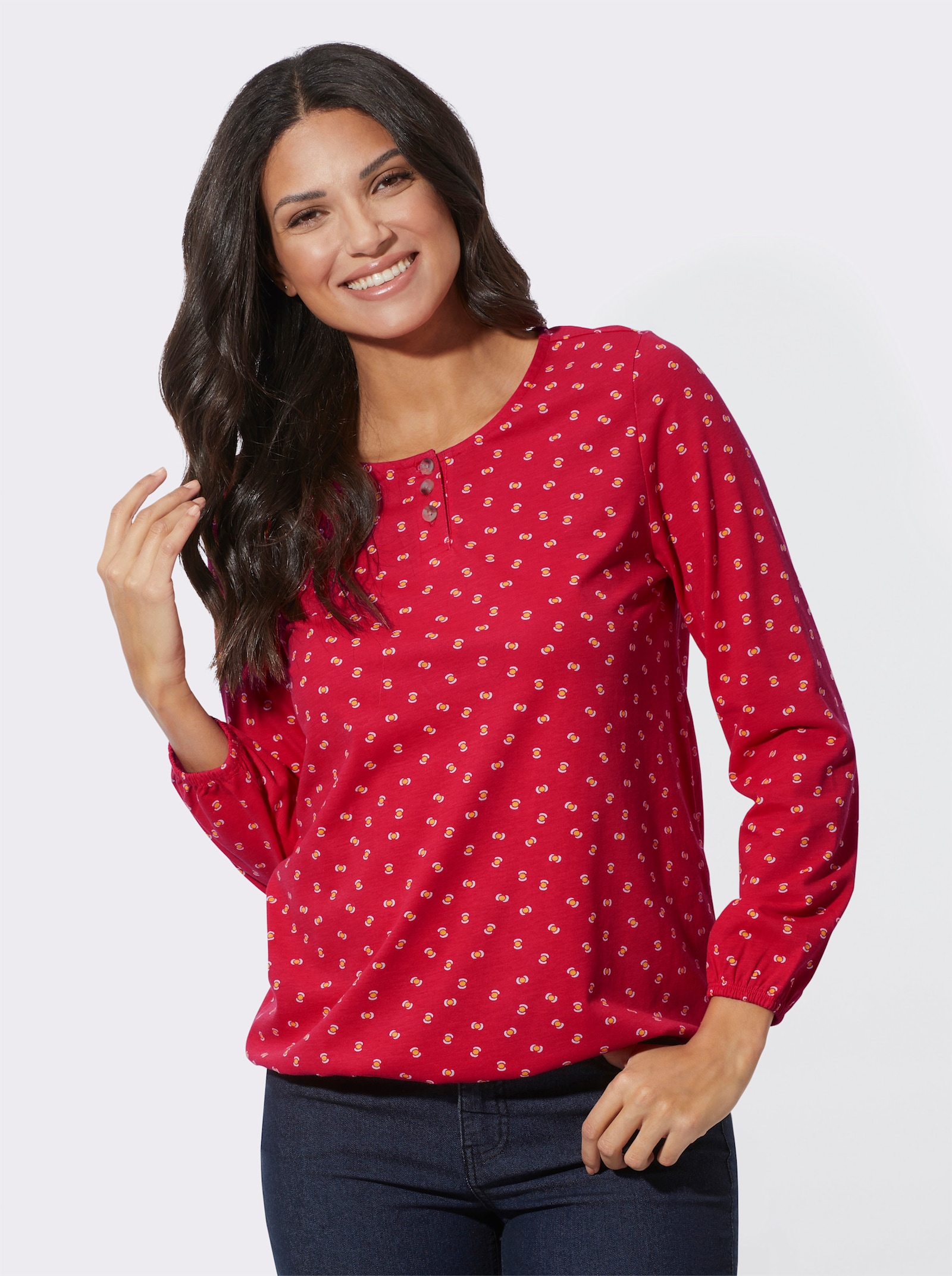 Langarmshirt mit elastischen Abschlüssen - rot-ocker-bedruckt