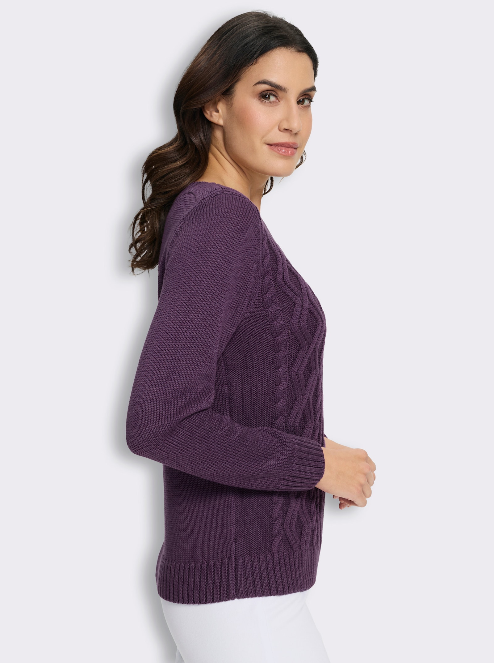 Pullover mit Zopfmuster-Mix vorne - traube