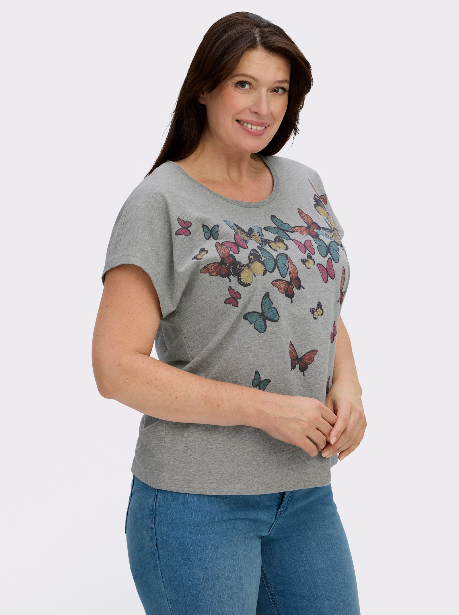 Rundhalsshirt mit Schmetterlingen bedruckt - hellgrau-salbei-meliert