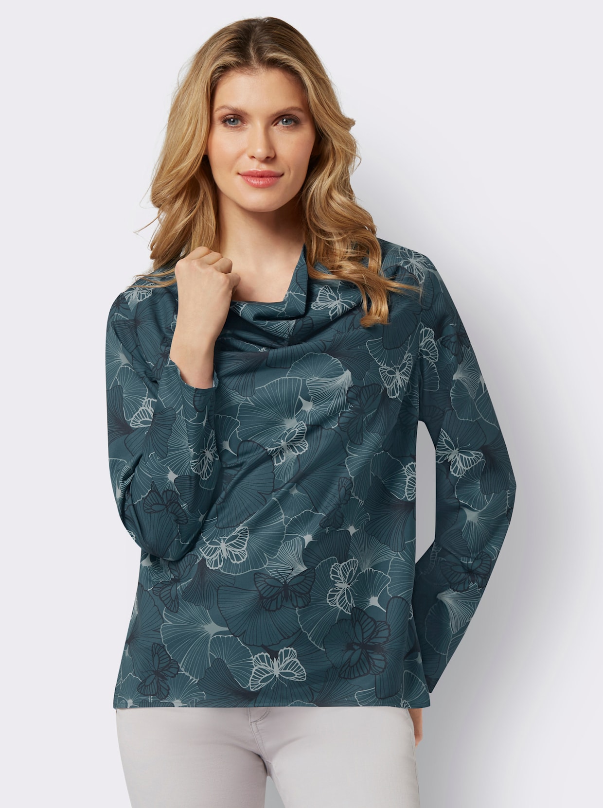 Comfortabele blouse - petrol/zwart geprint