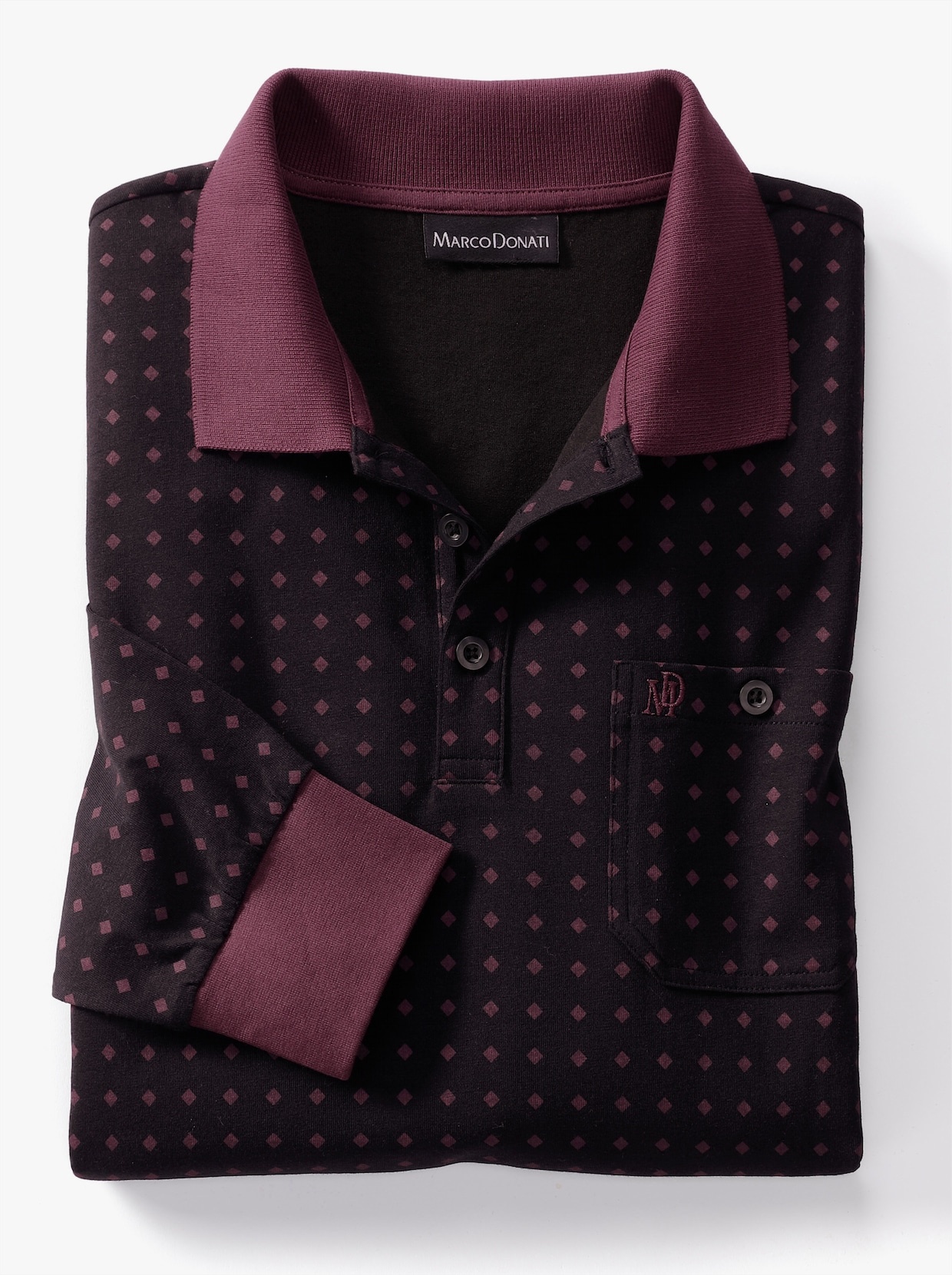 Marco Donati Poloshirt met lange mouwen - zwart/bordeaux gedessineerd