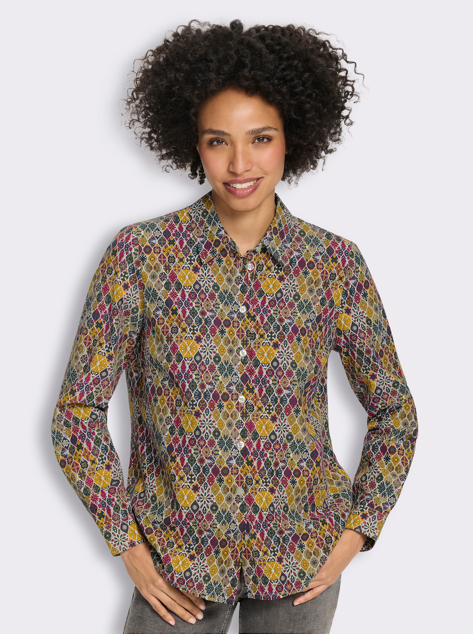 heine Druckbluse mit Ornament-Dessin - petrol-ocker-bedruckt