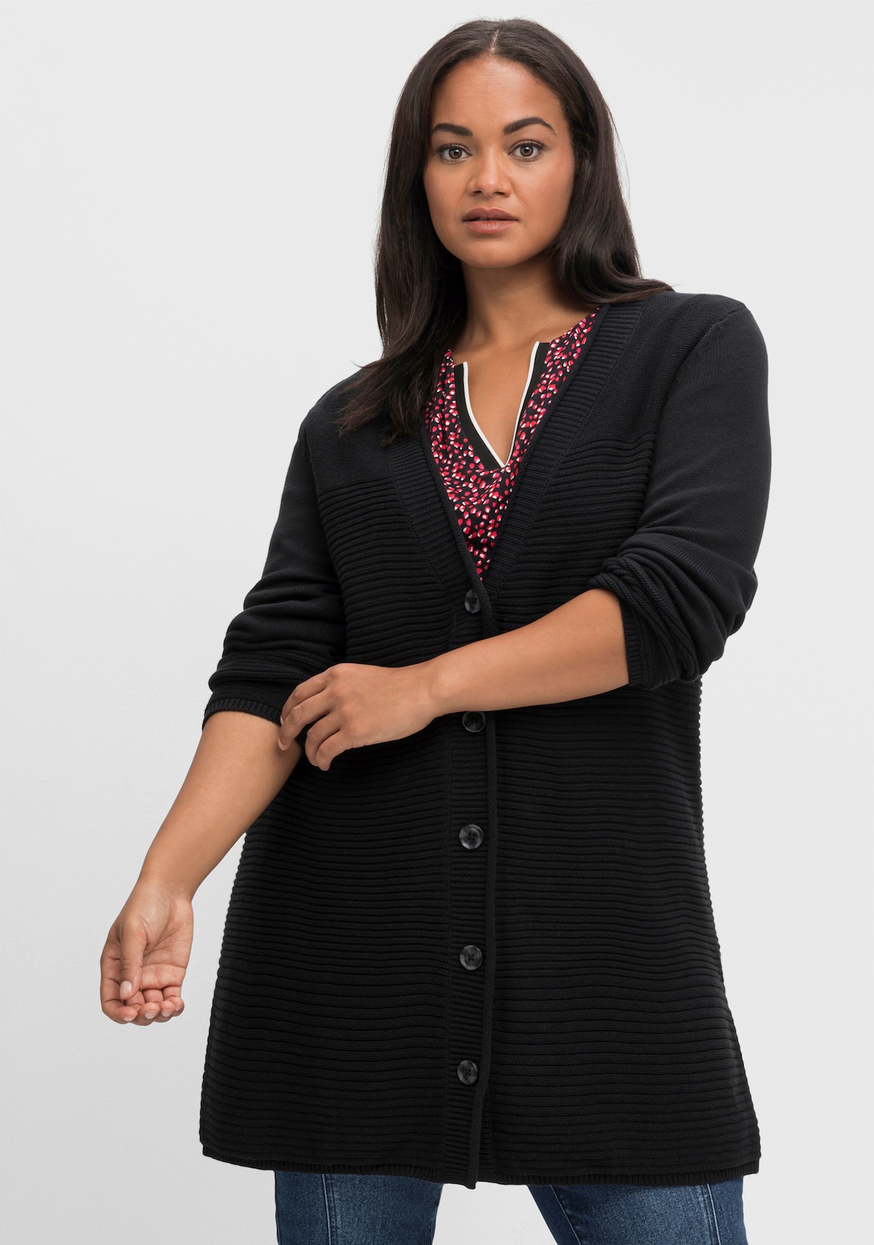 sheego Lang gebreid vest - zwart