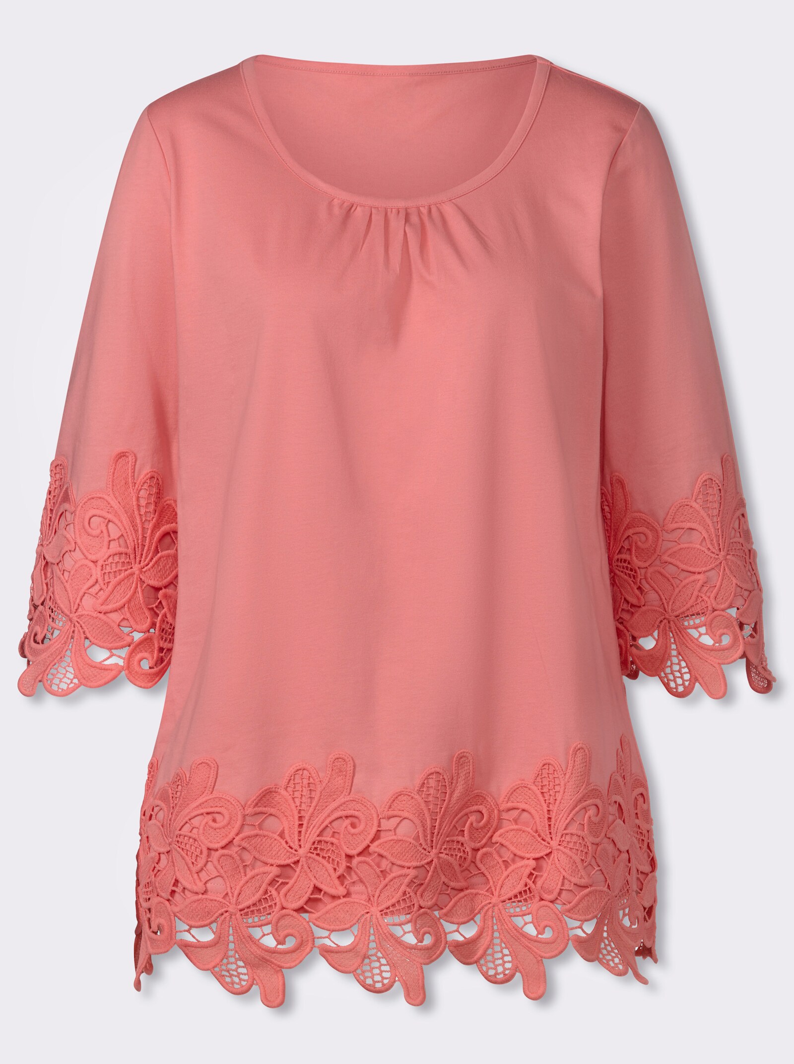 Rundhalsshirt mit Spitzenverzierung - flamingo
