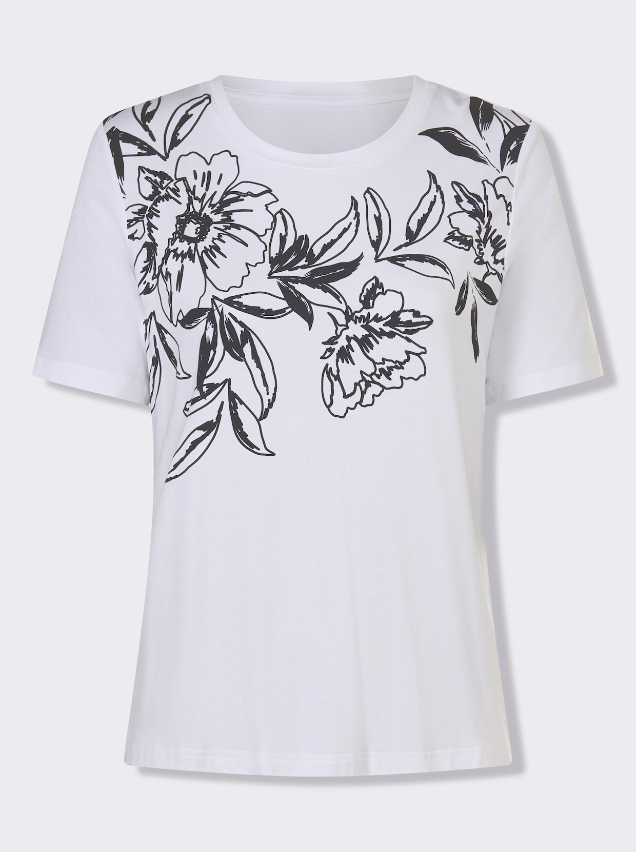 Kurzarmshirt mit floralem Druck - weiß-marine-bedruckt