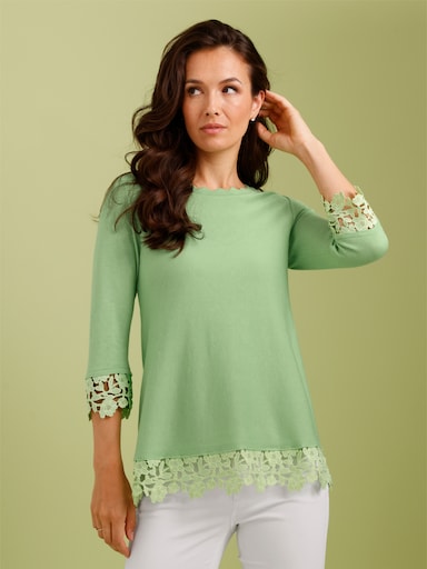 CREATION L PREMIUM Feinstrickpullover mit breitem Spitzenabschlusss - reseda