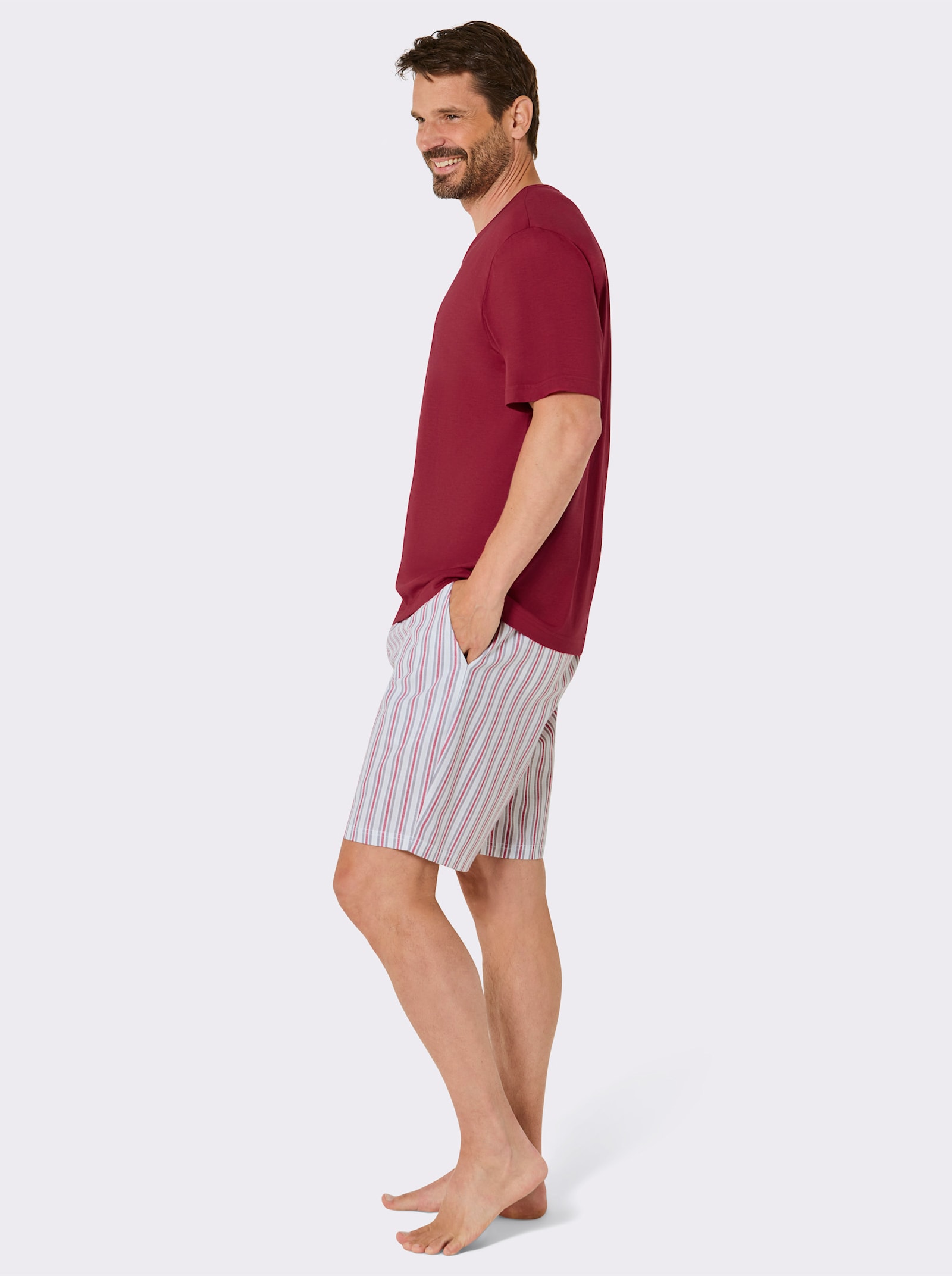 wäschepur men Shorty mit Batist-Hose - kirsche-grau-gestreift