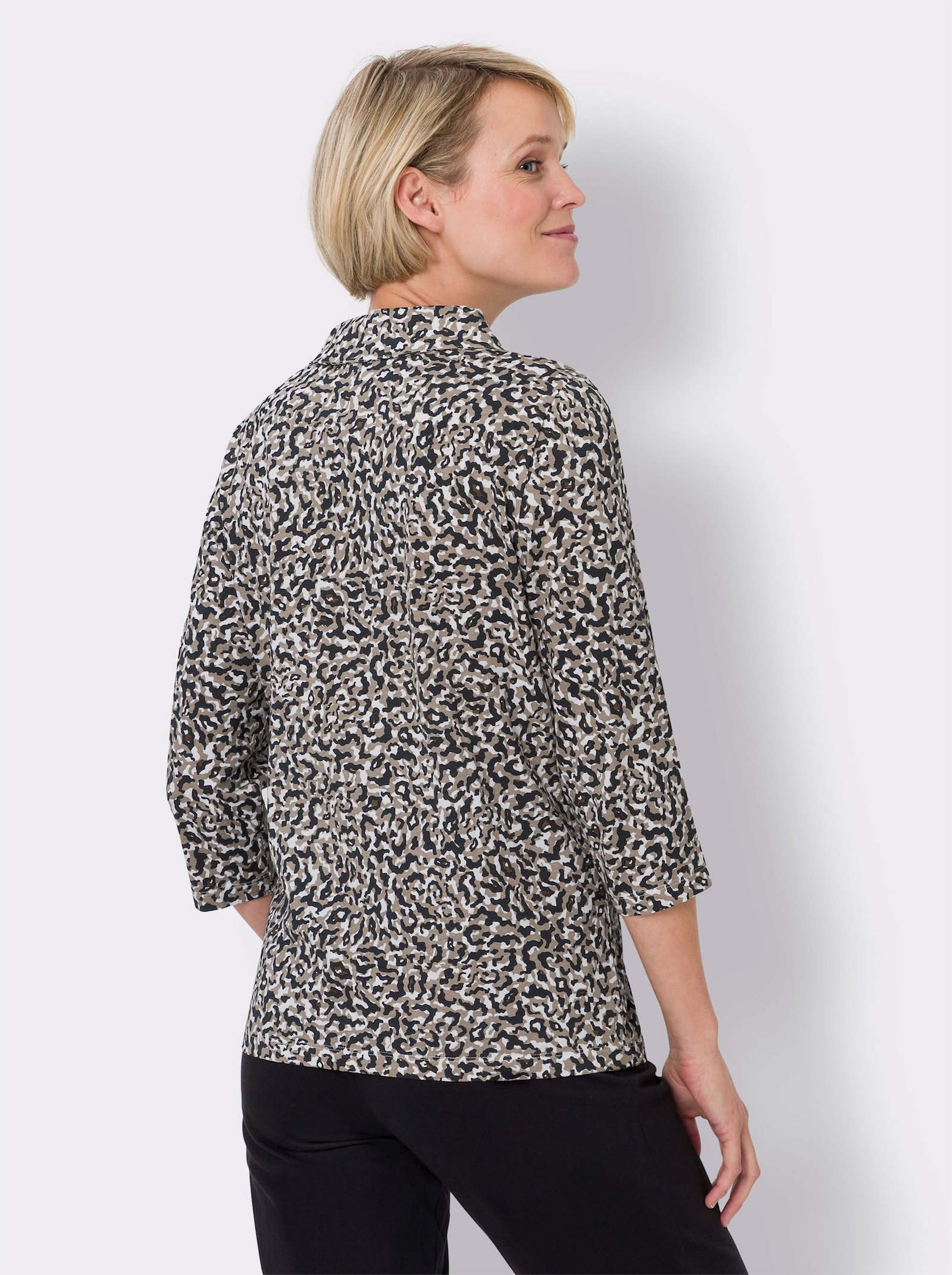 3/4-Arm-Shirt mit geschlitzten Ärmeln - schwarz-braun-bedruckt