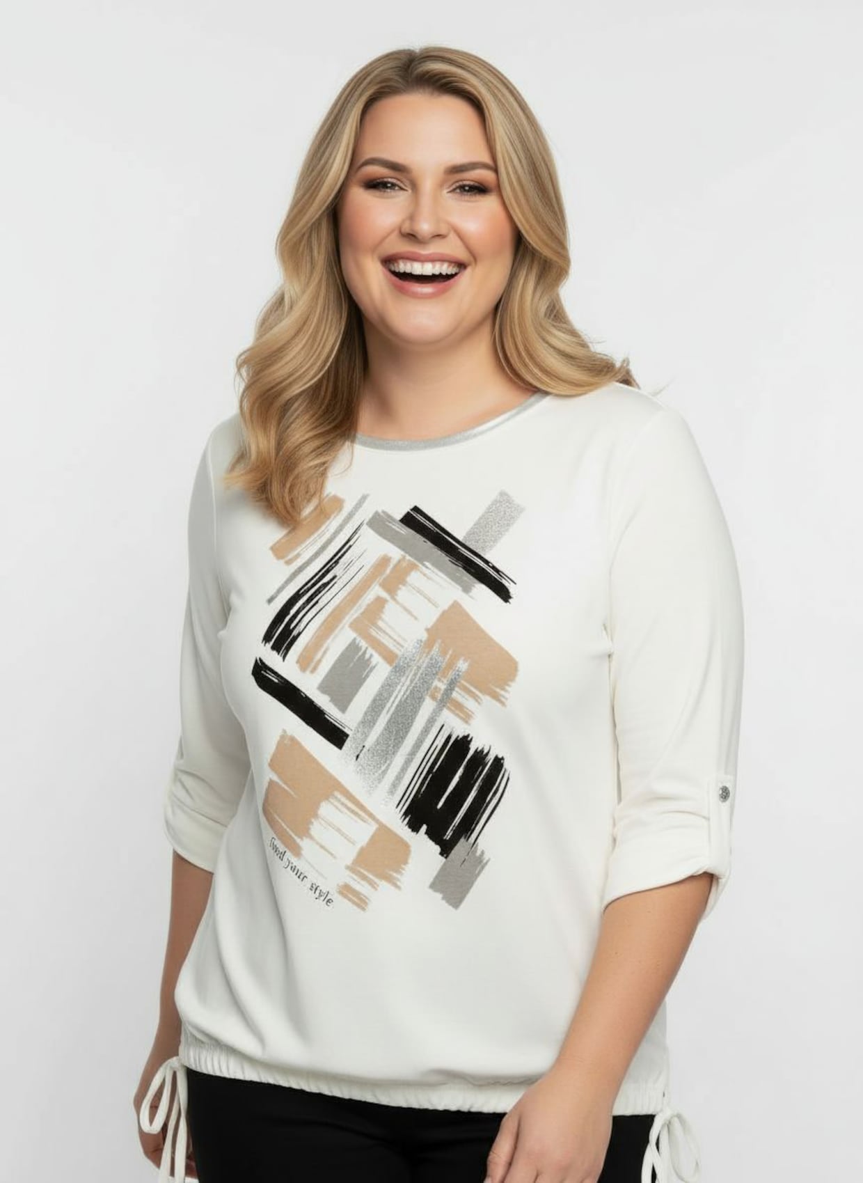 Print-Shirt mit silberfarbigen Details - ecru-schwarz-bedruckt