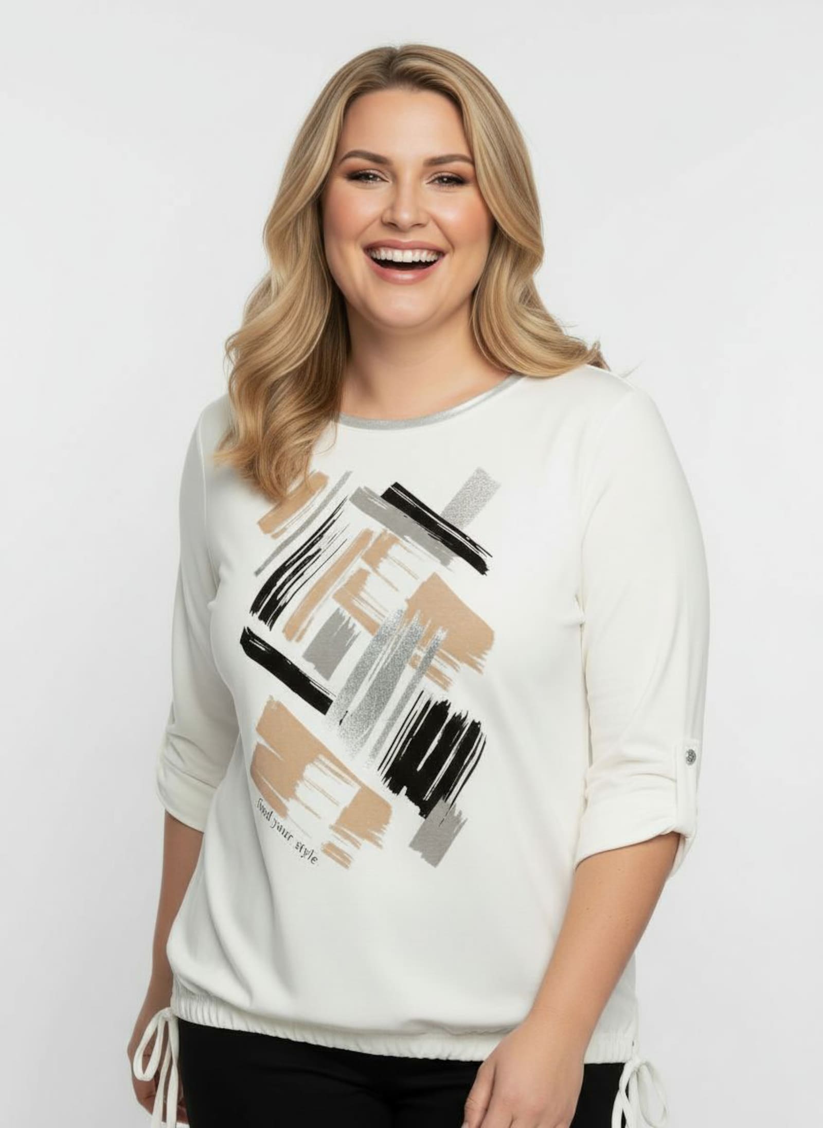 Print-Shirt mit silberfarbigen Details - ecru-schwarz-bedruckt