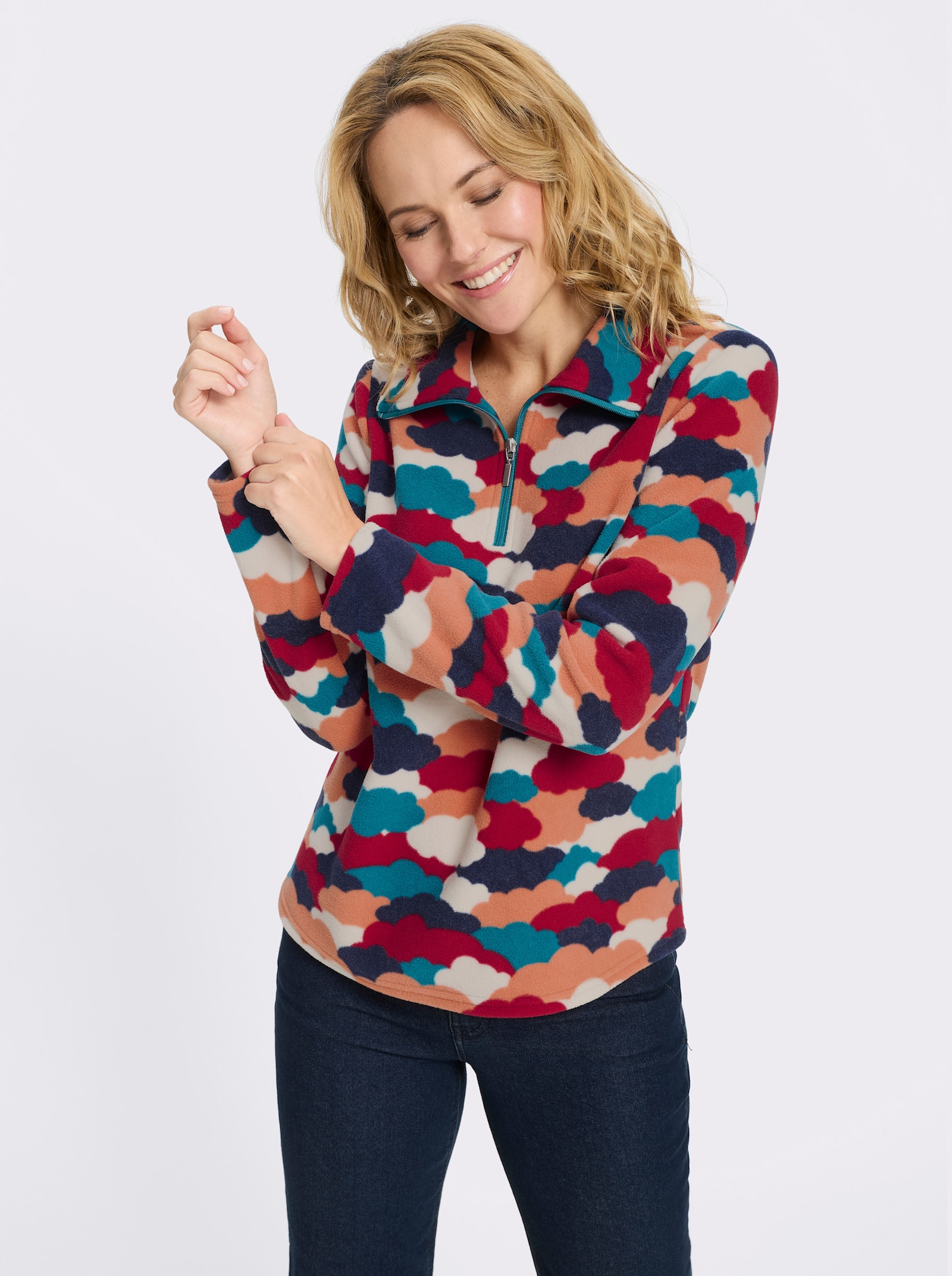 Fleeceshirt mit Wolken-Muster allover - marine-papaya-bedruckt