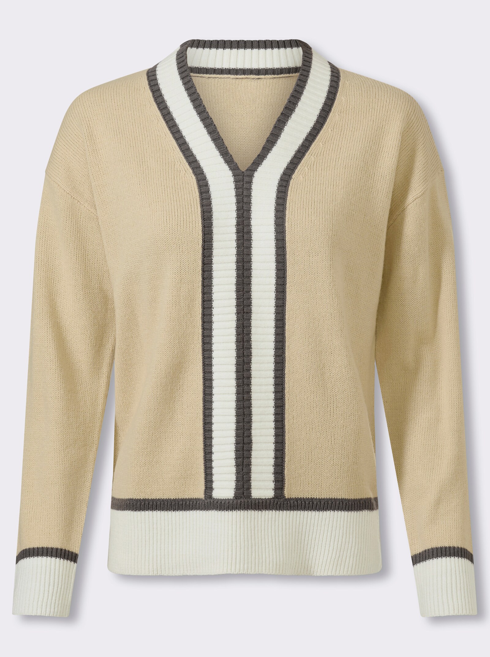 Langarm-Pullover mit Kontrastverarbeitung - sand-ecru