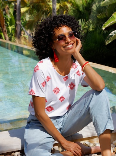 heine Kurzarmshirt mit Blumen-Stickereien - weiß-erdbeere-gemustert