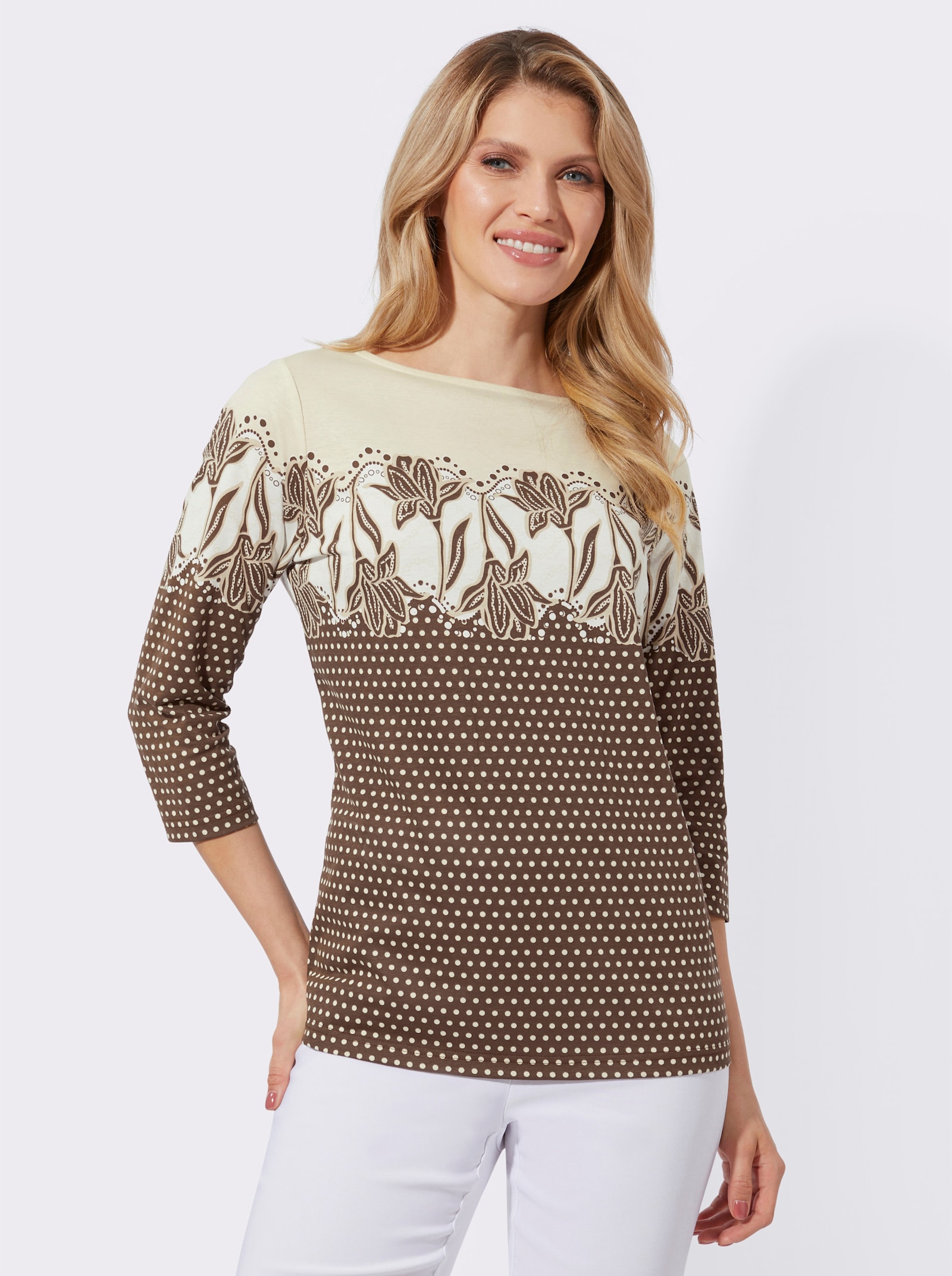 3/4-Arm-Shirt mit Bordüren-Druck - sand-schoko-bedruckt