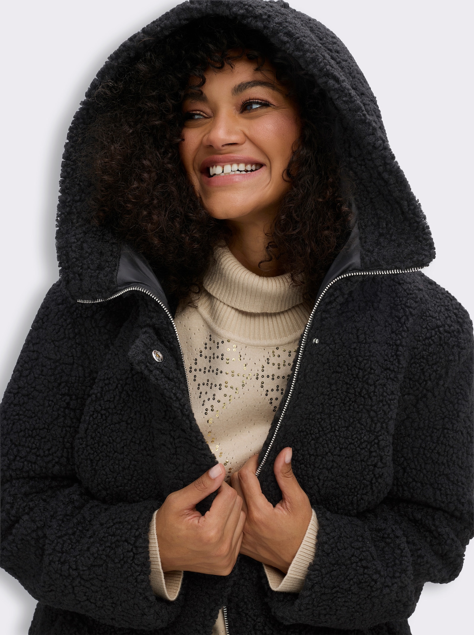 sheego Mantel aus kuscheligem Teddyfleece - schwarz