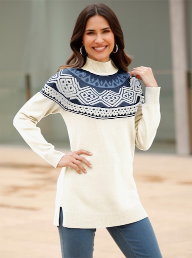 Longpullover - ecru-dunkelblau