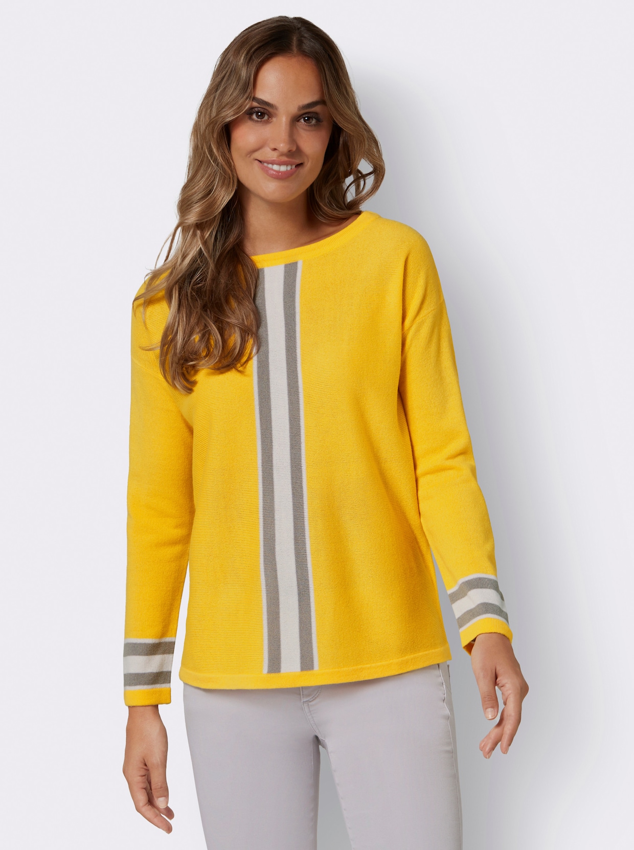 Pullover met boothals - geel/steengrijs gedessineerd