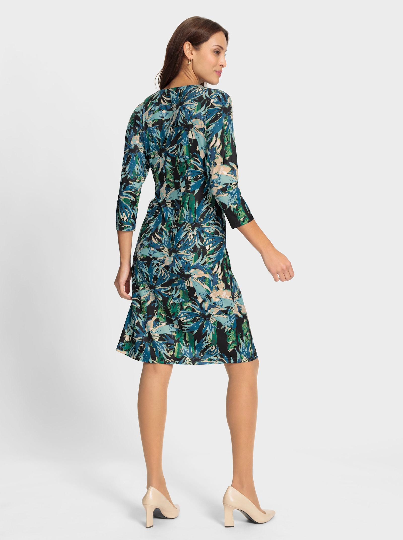 Jerseykleid in Wickel-Optik - schwarz-aquamarin-bedruckt