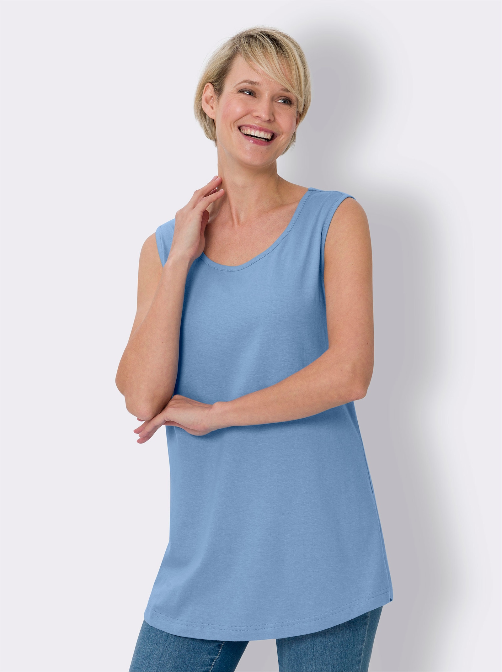 Longtop mit abgerundetem Saum - himmelblau + apricot