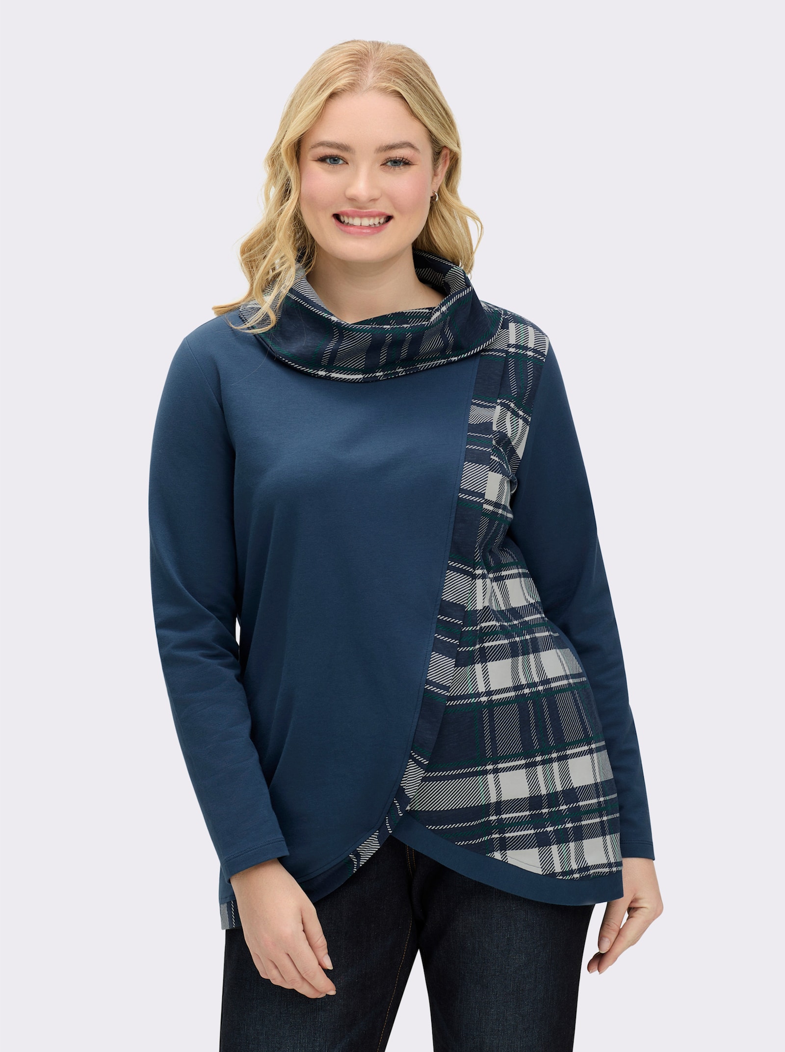 Sweatshirt mit Karo-Einsätzen - dunkelblau-weiß-gemustert