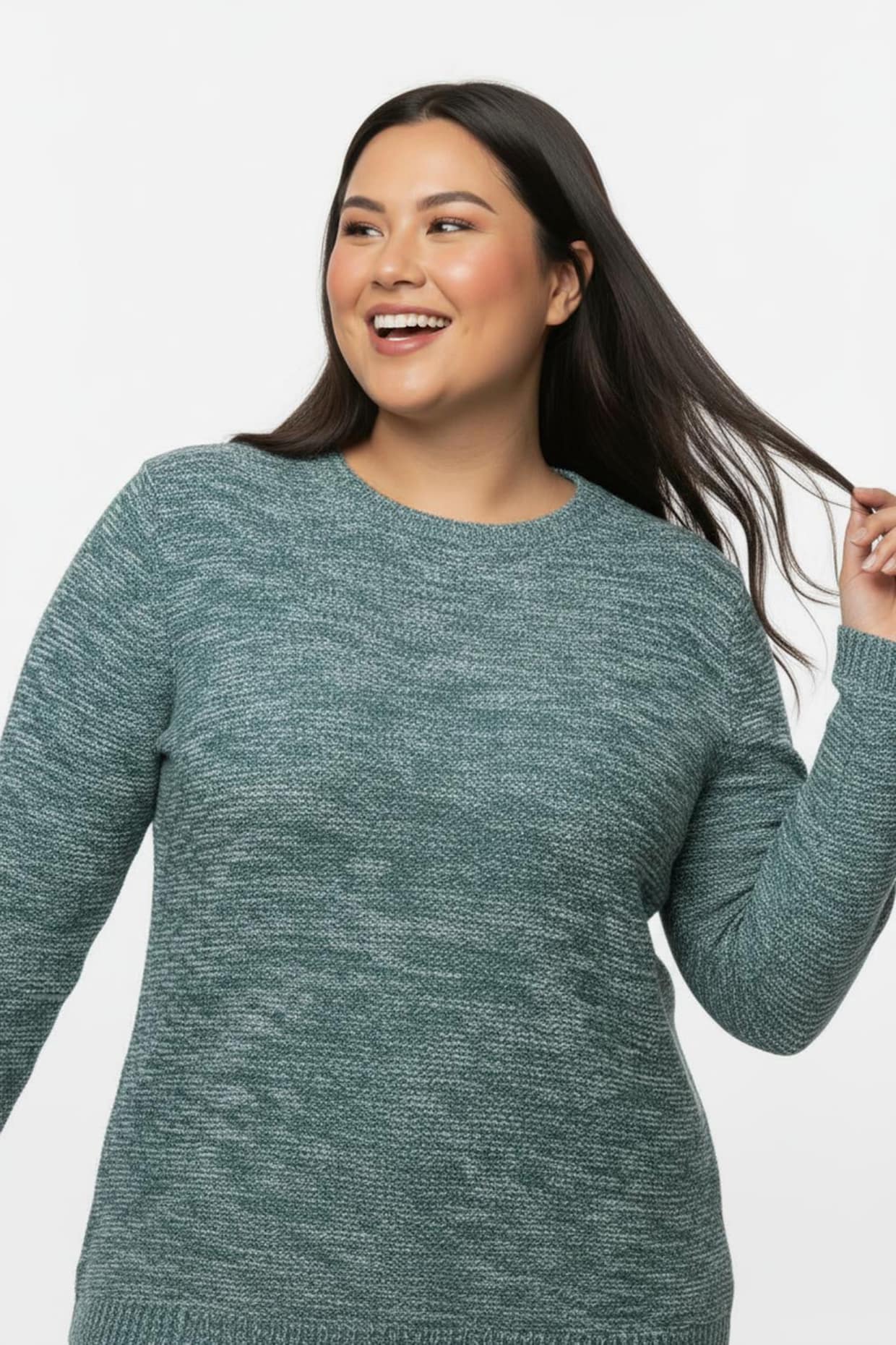 Rundhalspullover aus Melange-Strick - petrol-meliert