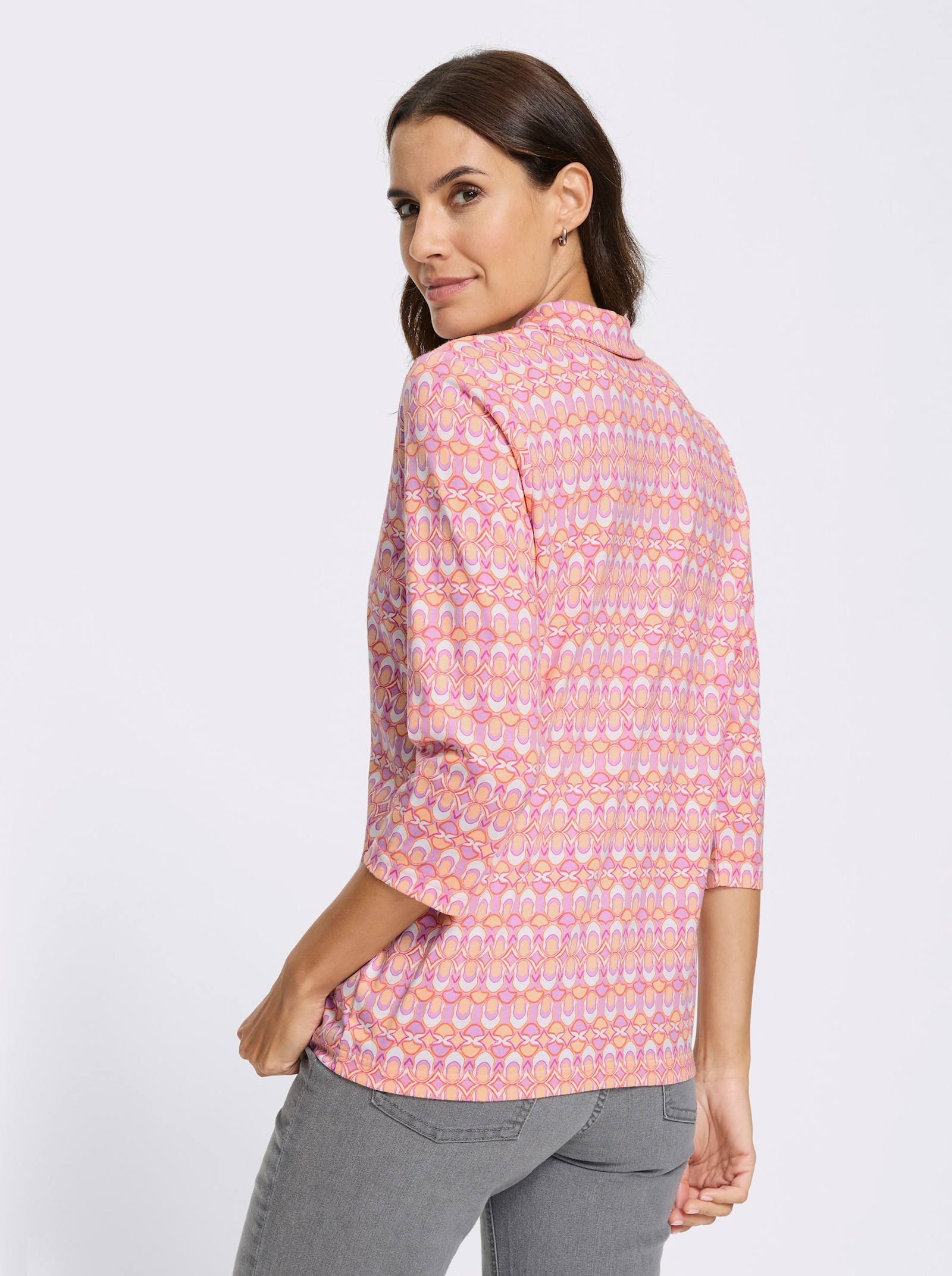 Pikétröja med knappslå - ecru-orkidé, med tryck