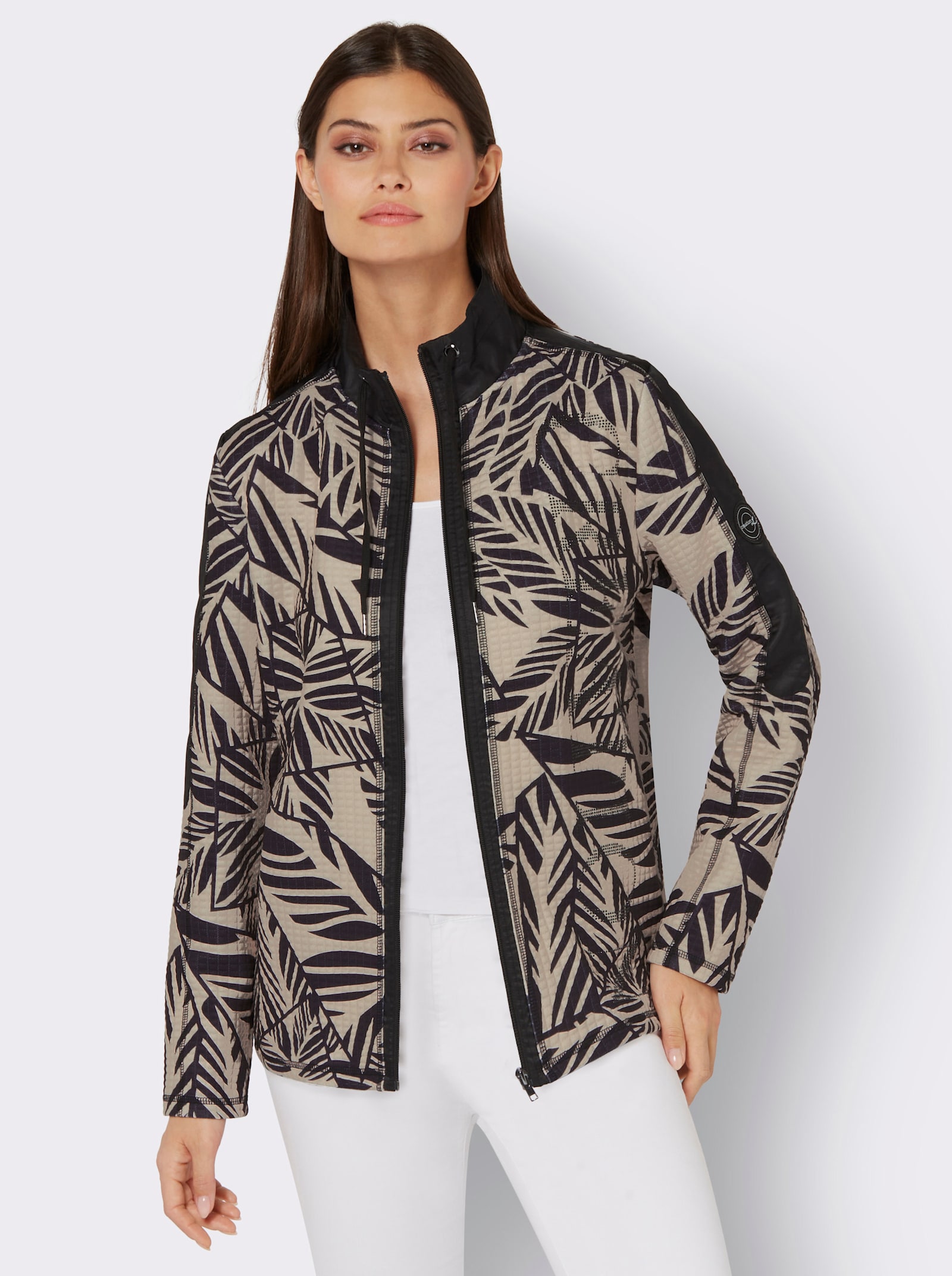 Shirtjacke in Struktur-Qualität, bedruckt - schwarz-sand