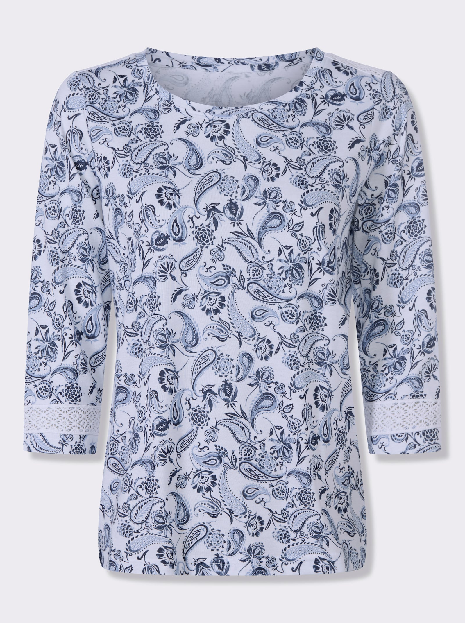 3/4-Arm-Shirt mit Spitzenborte - weiß-bleu-bedruckt