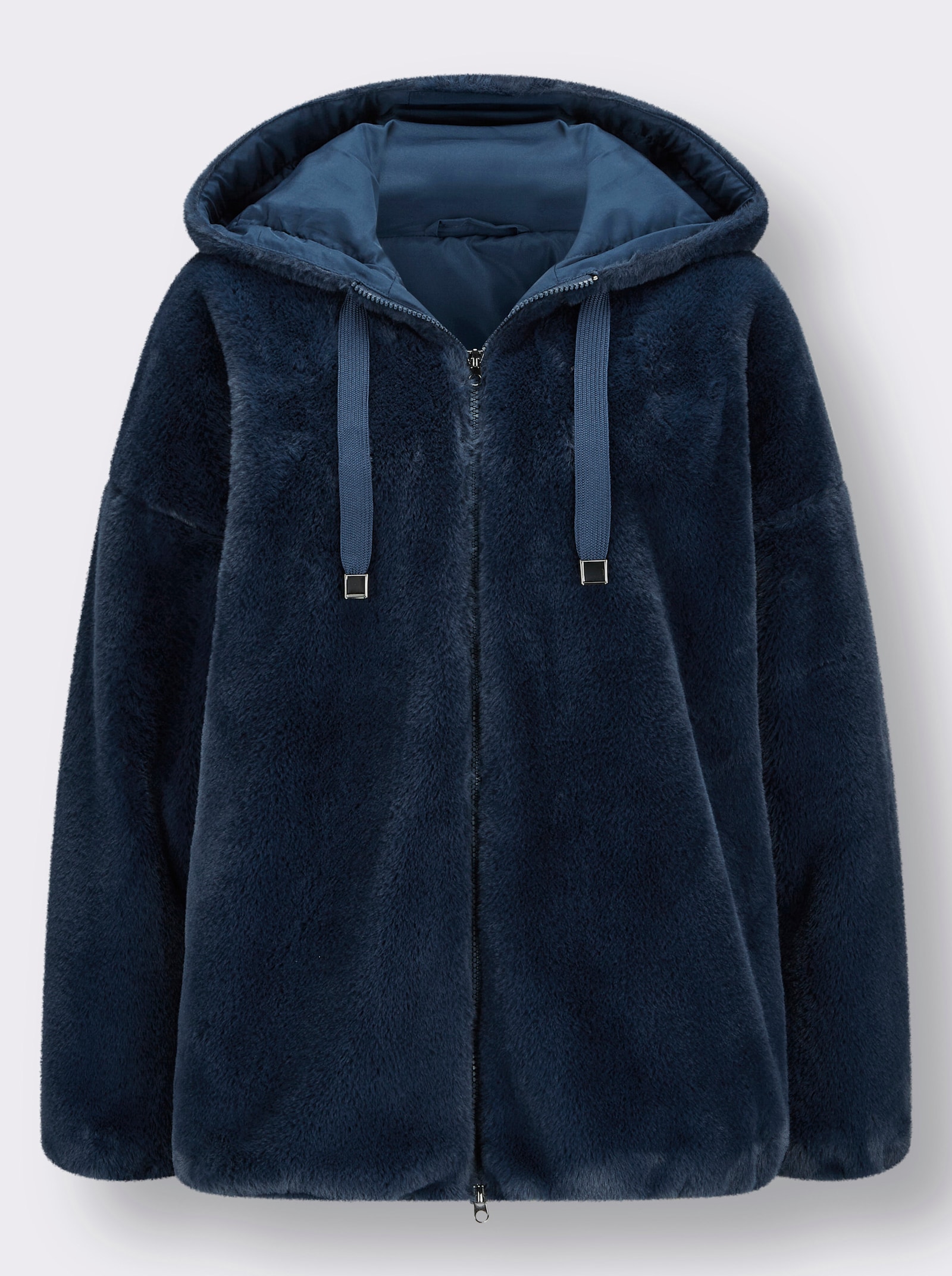 Fellimitatjacke mit Gummizug an Ärmeln und Saum - dunkelblau