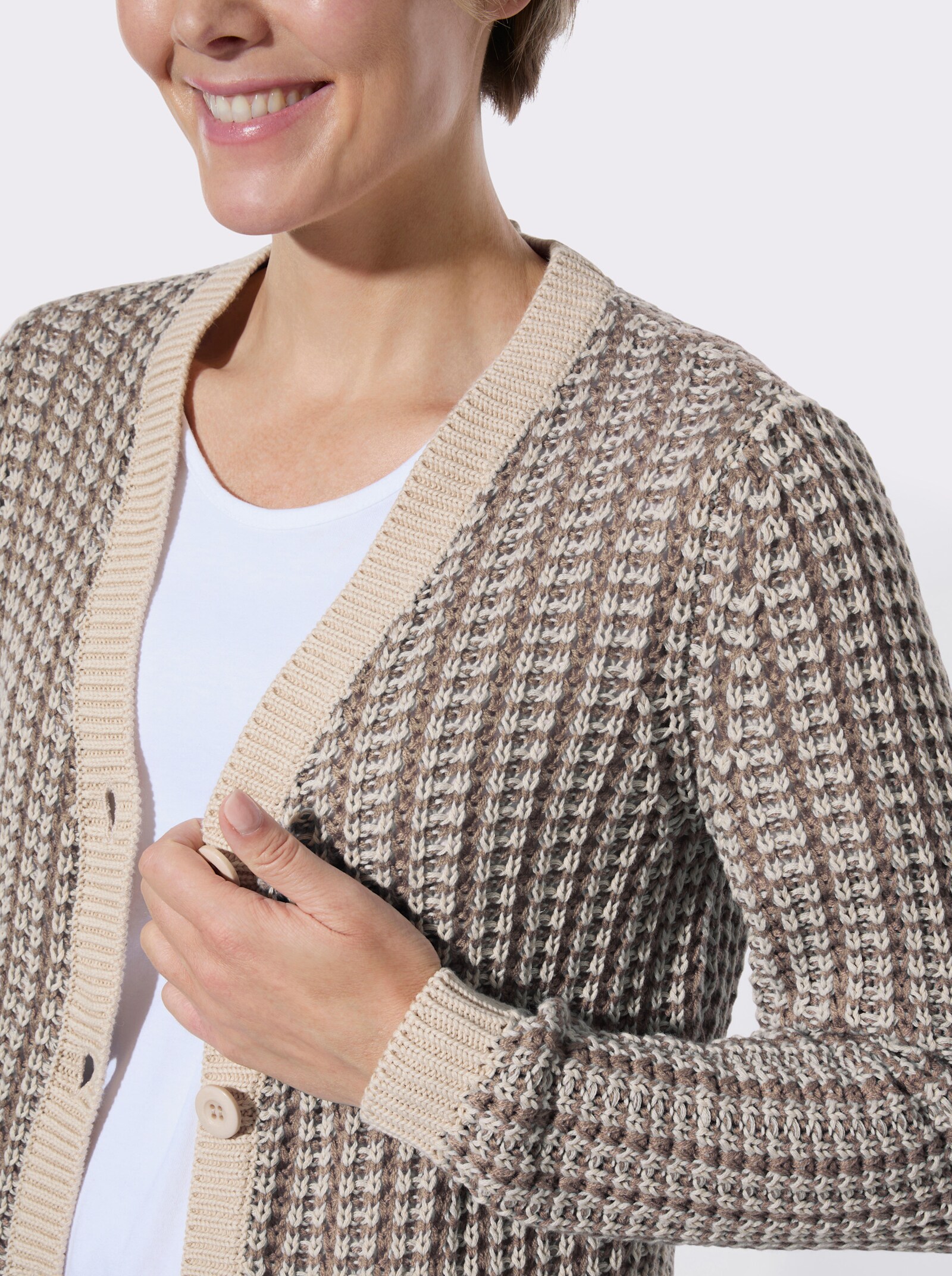 Strickjacke in zweifarbiger Melange-Optik - taupe-sand-gemustert