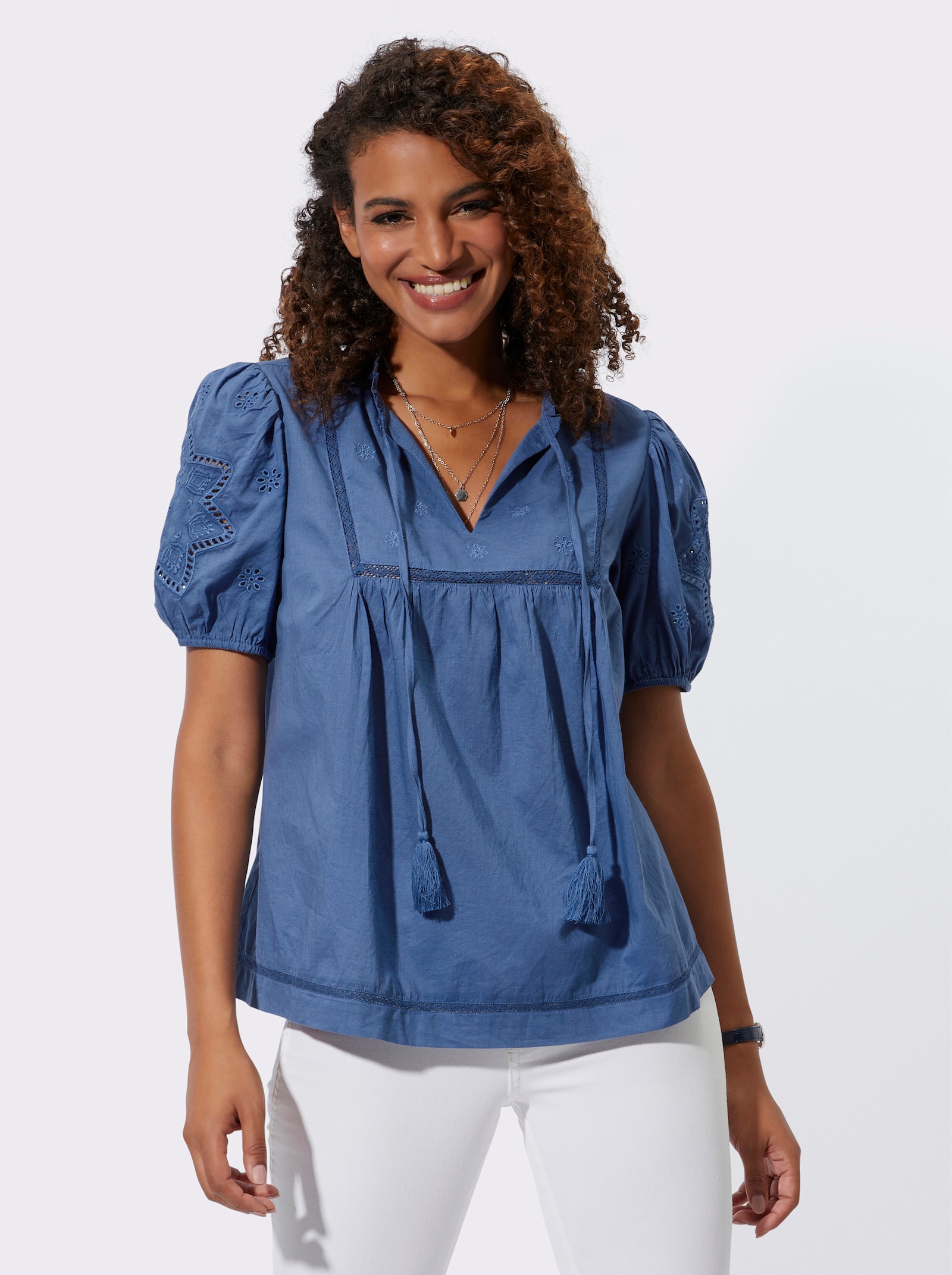 Baumwollbluse mit Puffärmeln - jeansblau