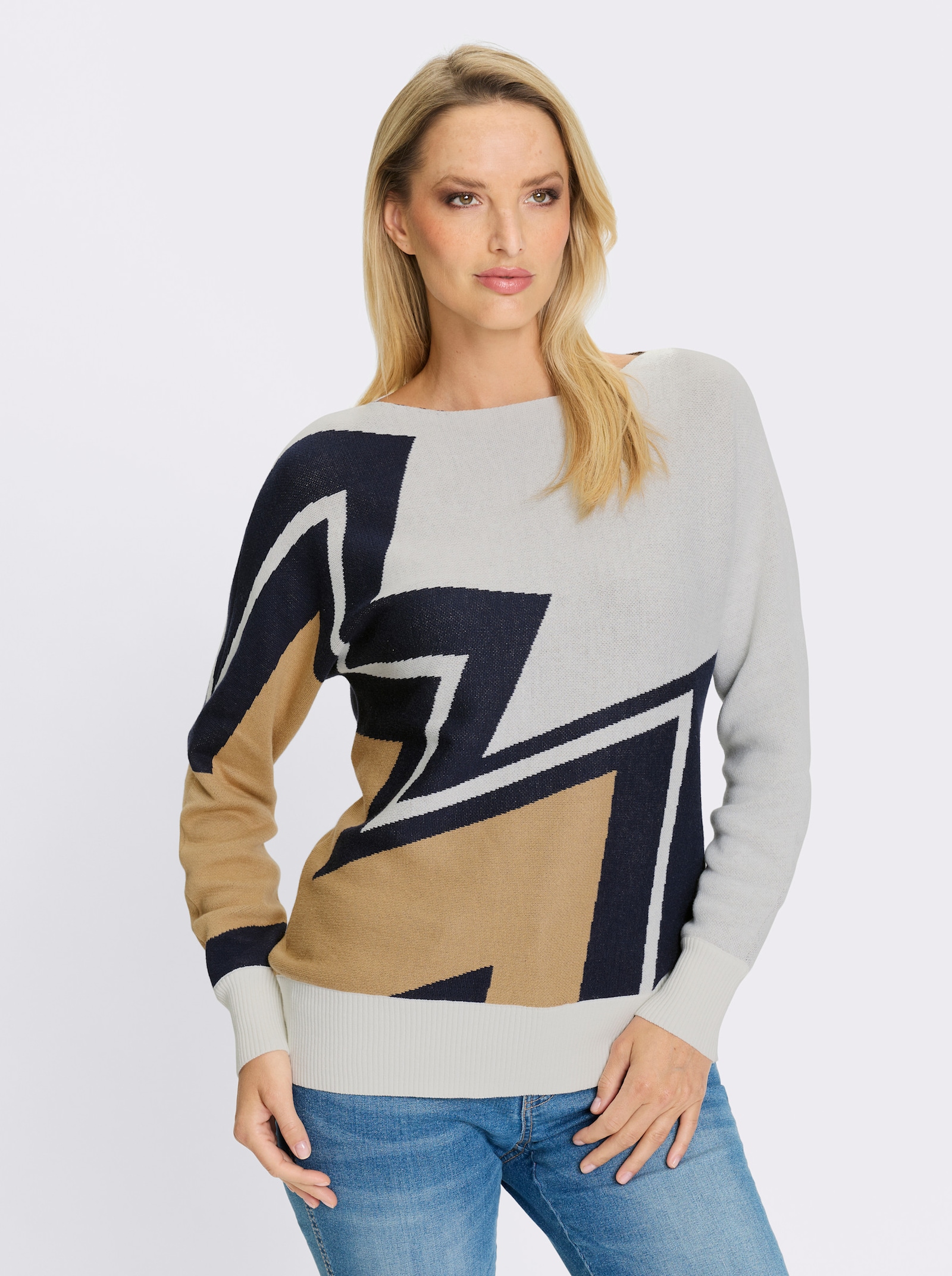 heine Langarm-Pullover mit Intarsienstrick - ecru-camel-gemustert