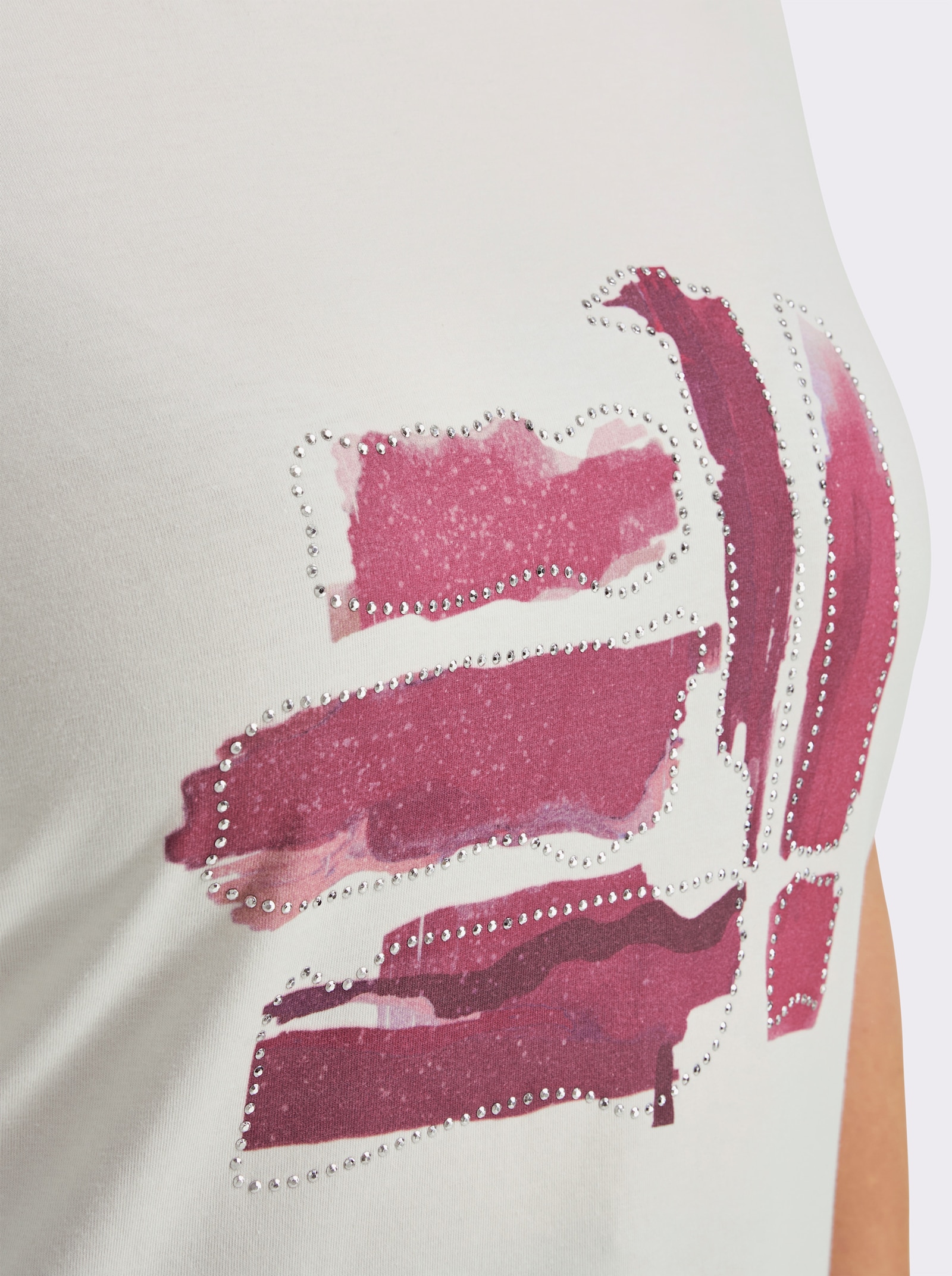 Kurzarmshirt mit Glitzersteinchen - ecru-fuchsia-bedruckt