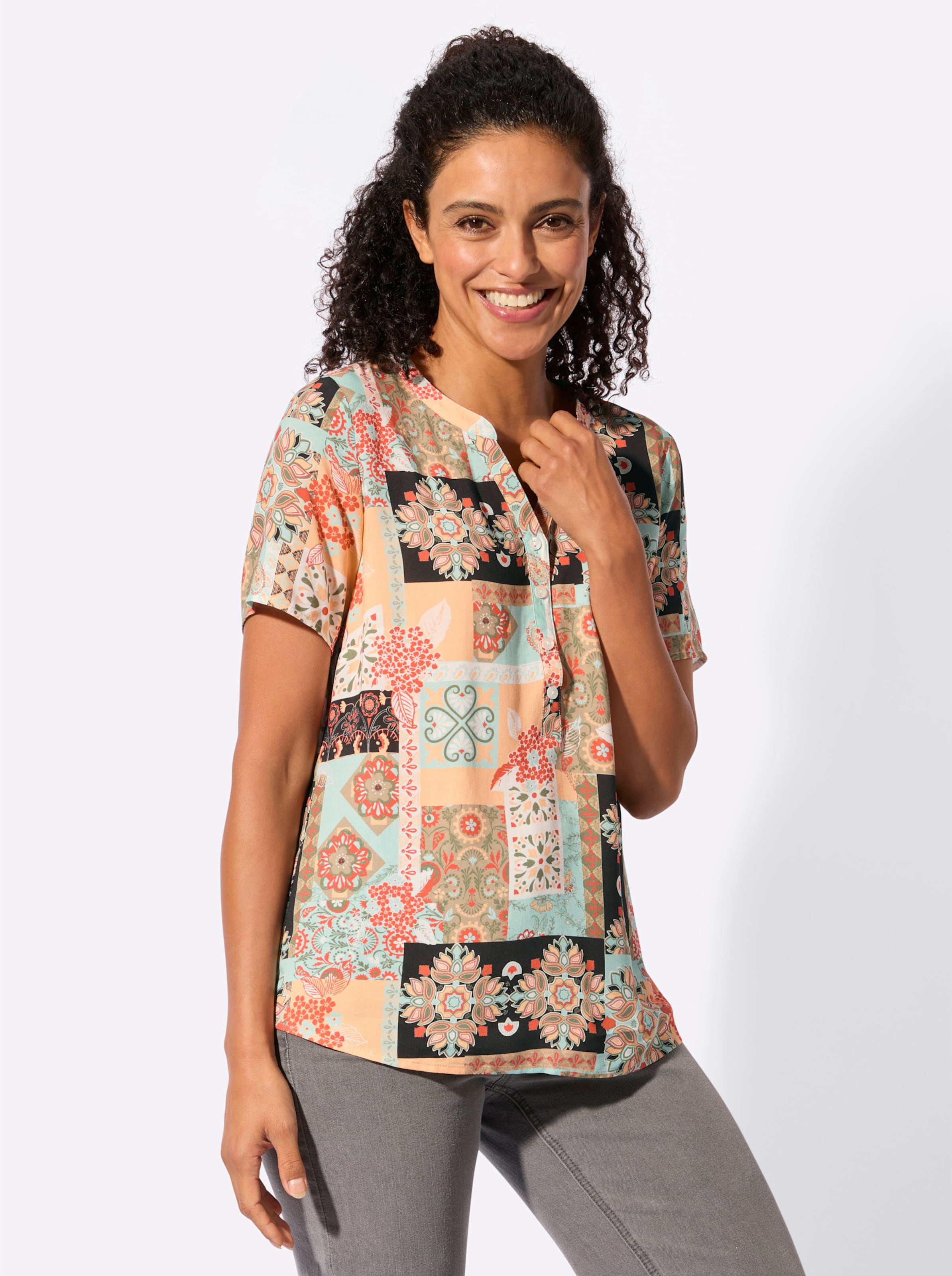 Damen Kurzarm-Bluse in Patch-Optik mint-apricot-bedruckt, Größe 36 - Bild 4