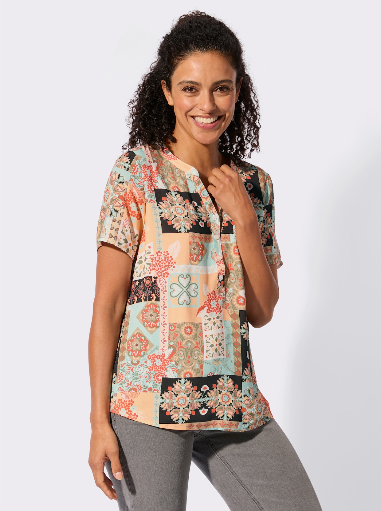 Kurzarm-Bluse - mint-apricot-bedruckt