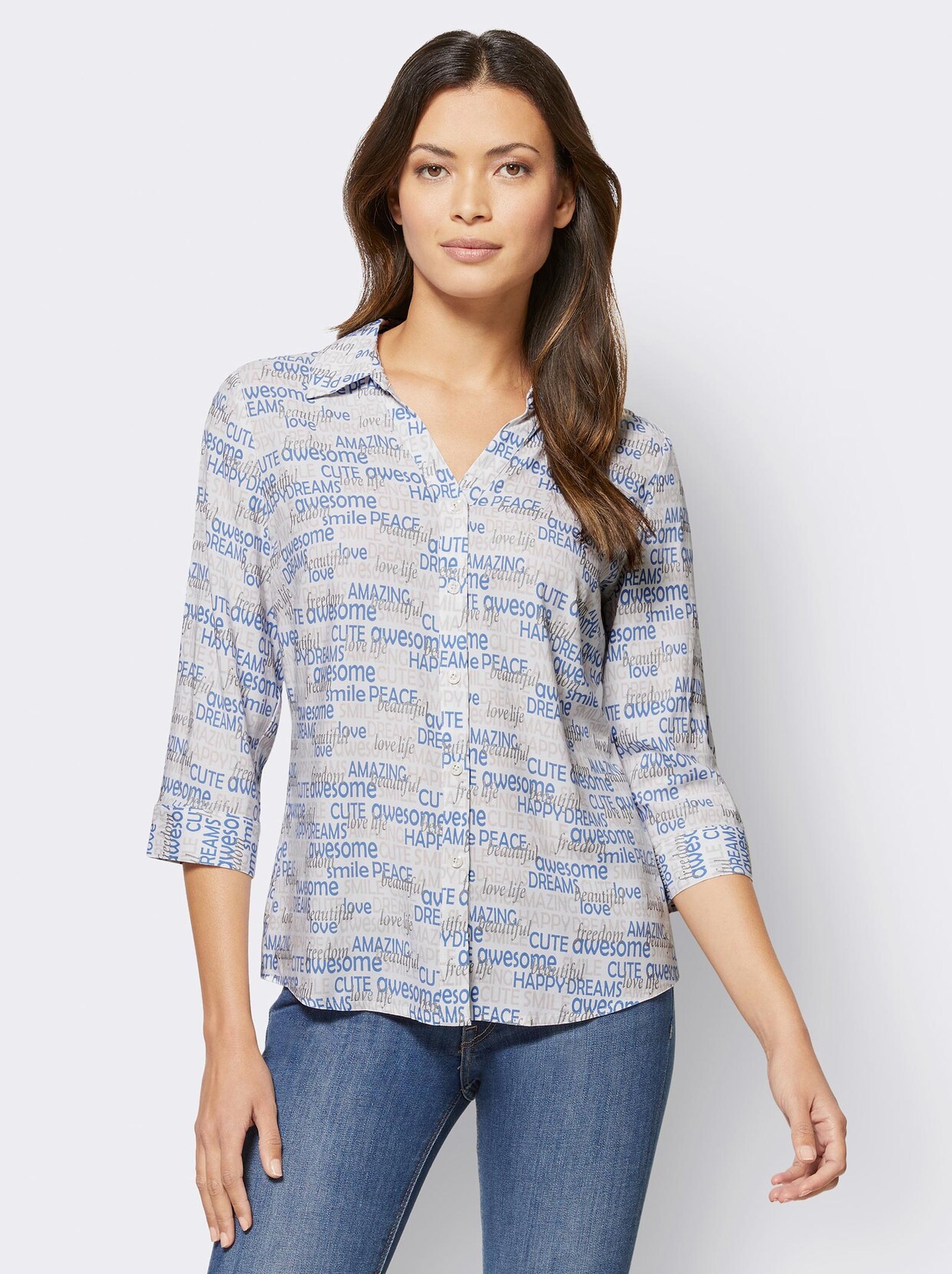 Druckbluse - ecru-mittelblau-bedruckt